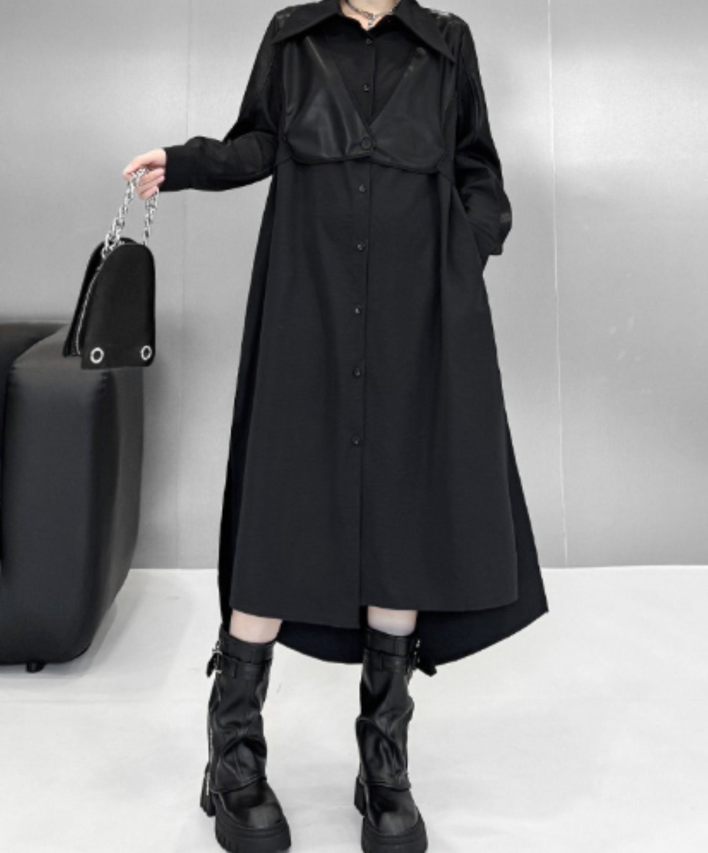 dark fishtail hem with a defined waist long shirt EN3114