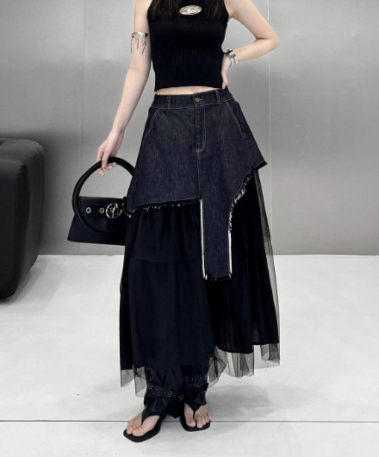 asymmetrical denim patchwork mesh design skirt EN3066
