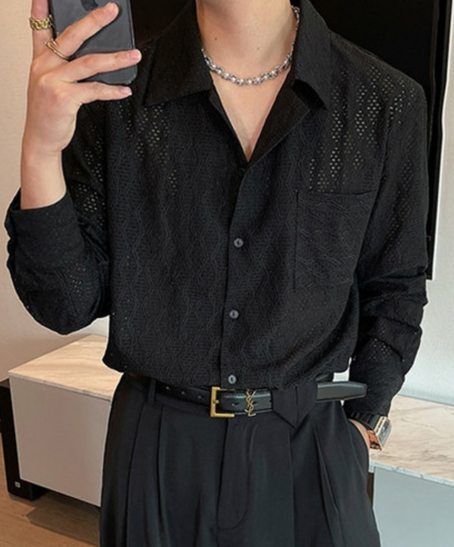 diamond pattern sheer shirt EN2368