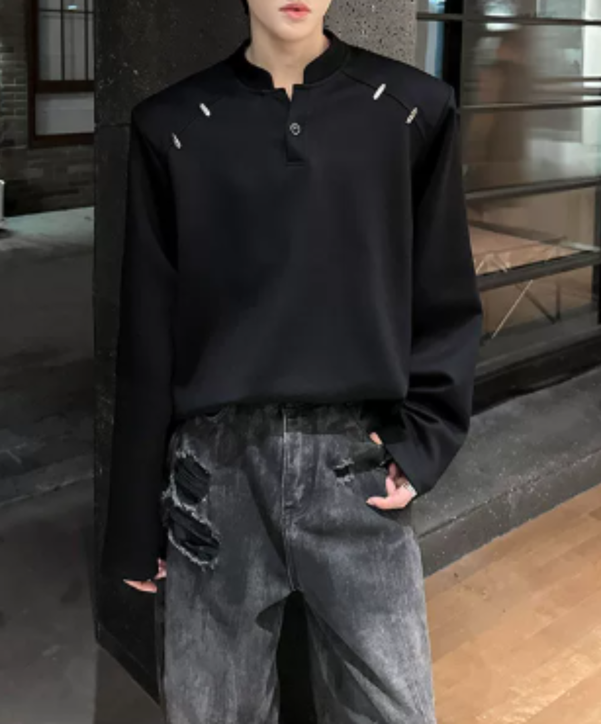 stand collar metal embellishments t-shirt EN3236