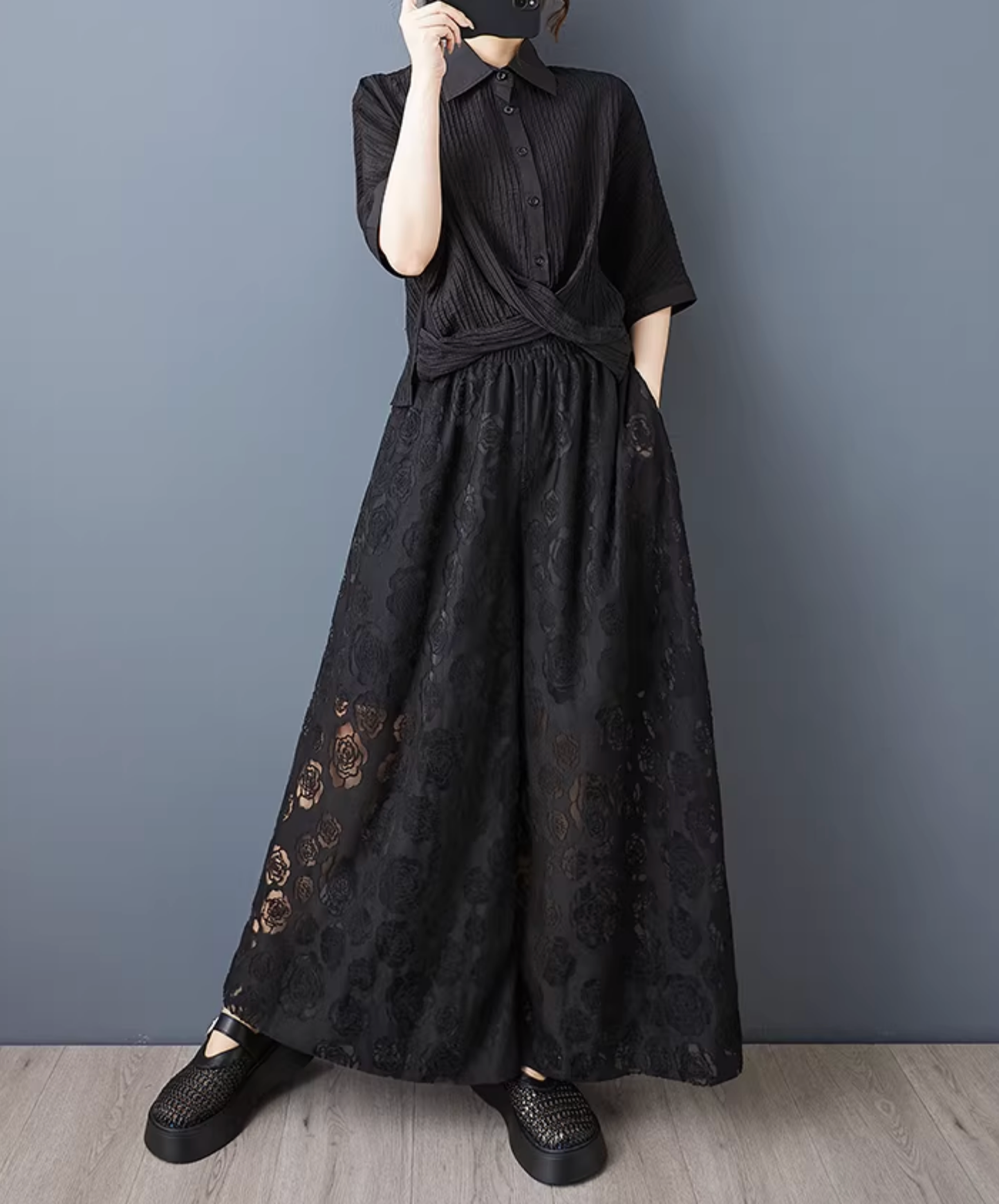 dark rose motif lace design wide pants EN2798
