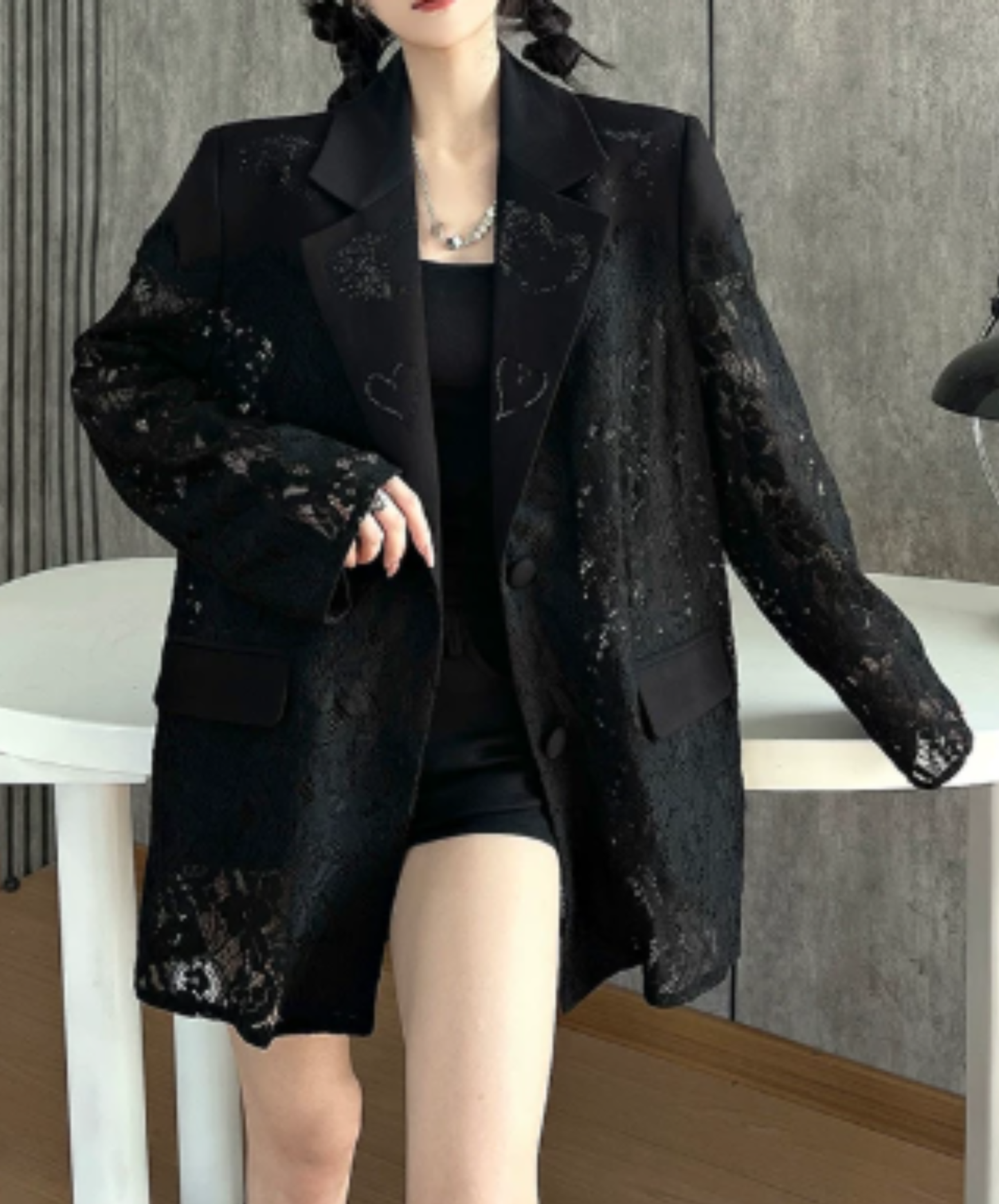 dark lace-panelled openwork design jacket EN3139
