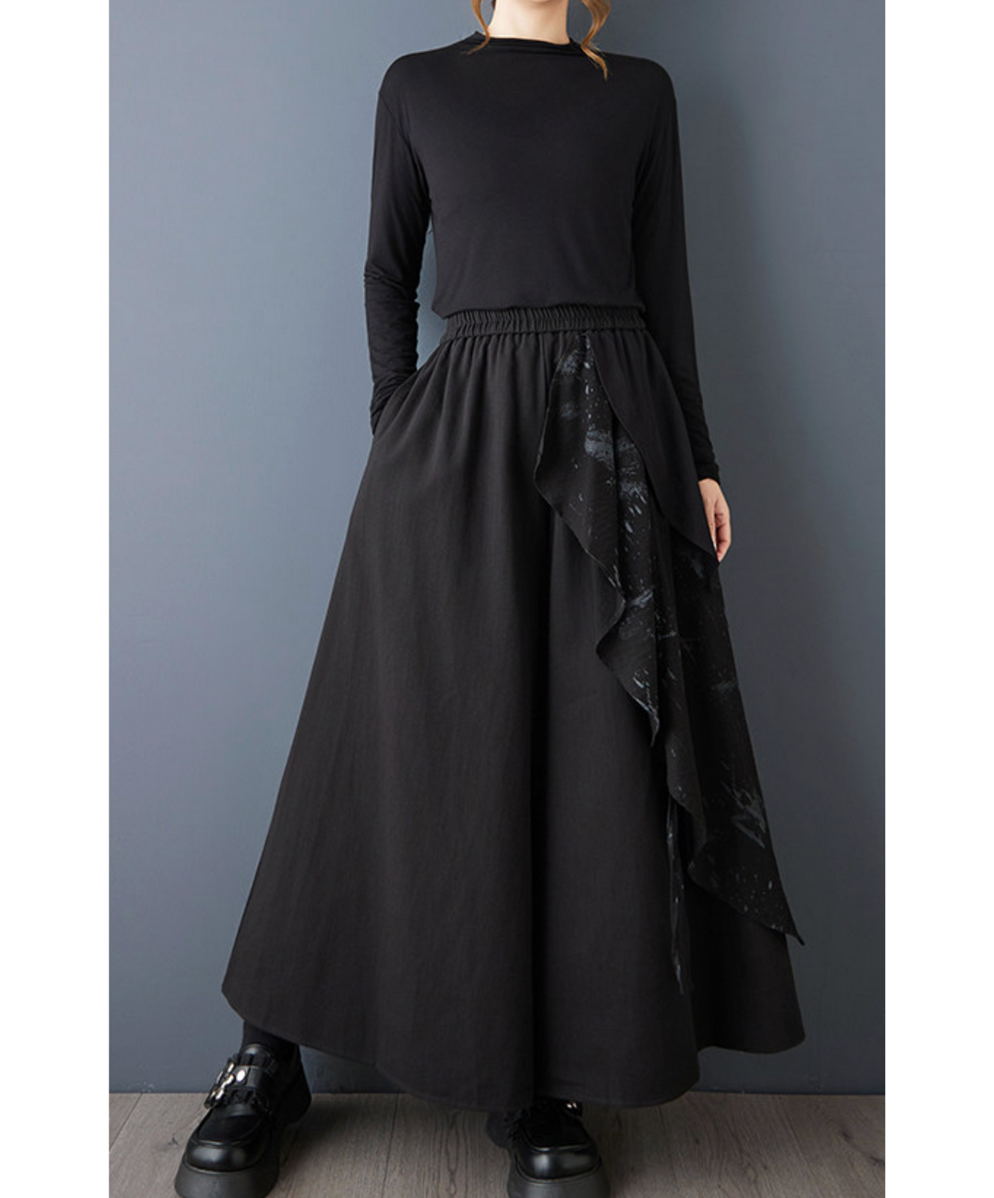 dark printed patchwork asymmetric wide pants EN2735