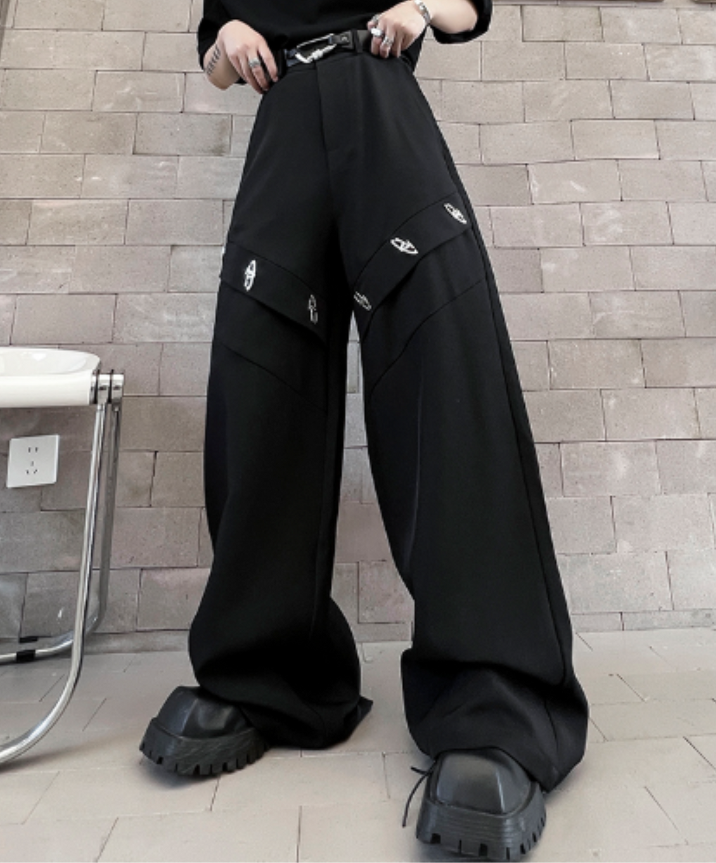 dark metal decorative lines wide pants EN2000