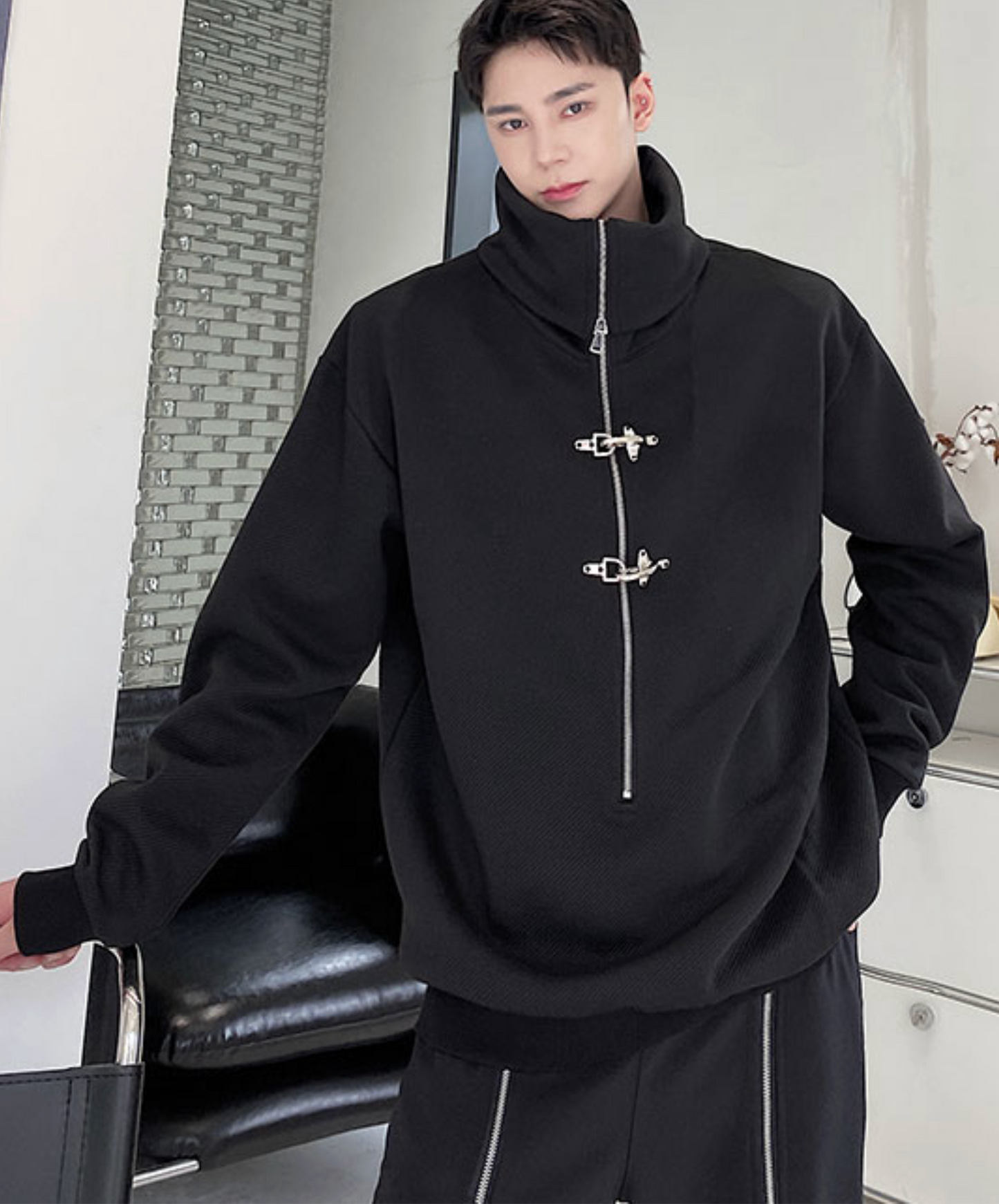 high neck airplane button zip sweatshirt EN2507