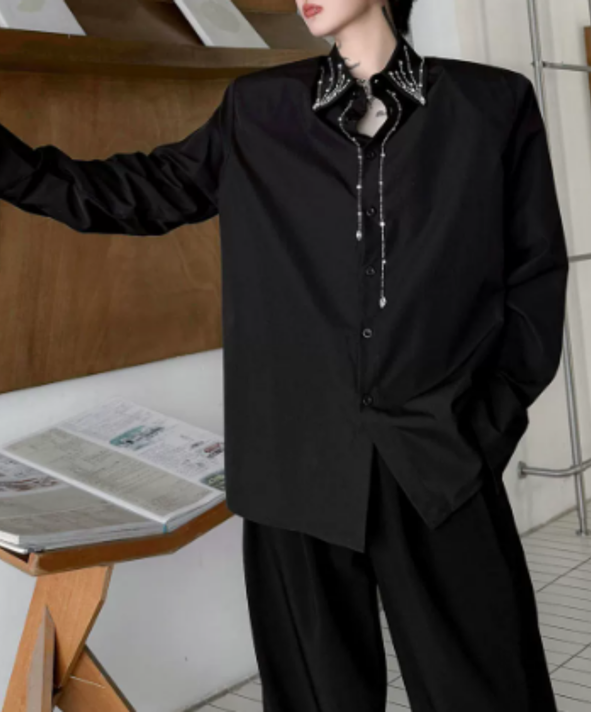 glamorous cascading chain embellishment shirt EN3160