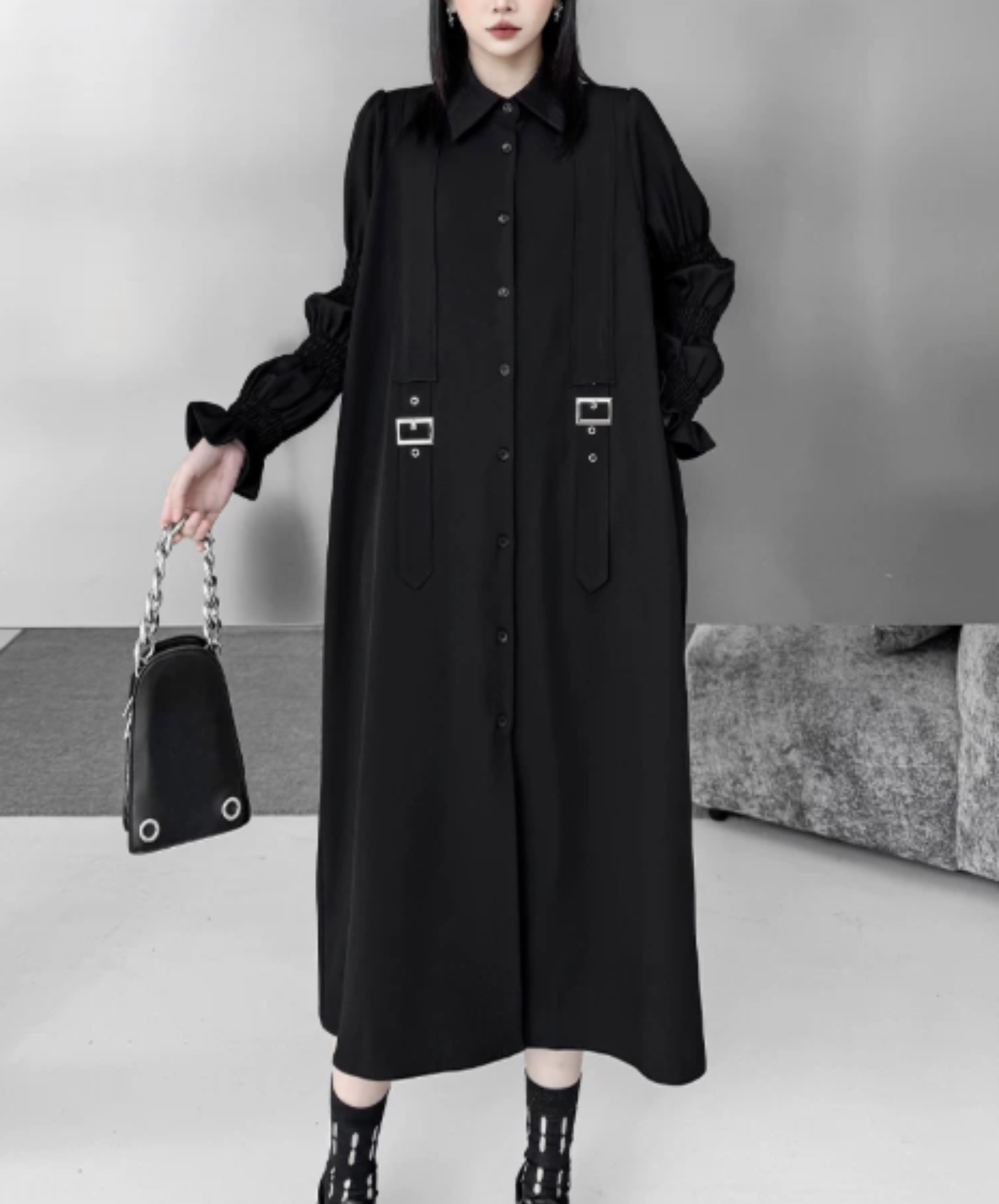 dark double-belt detail long shirt EN3015