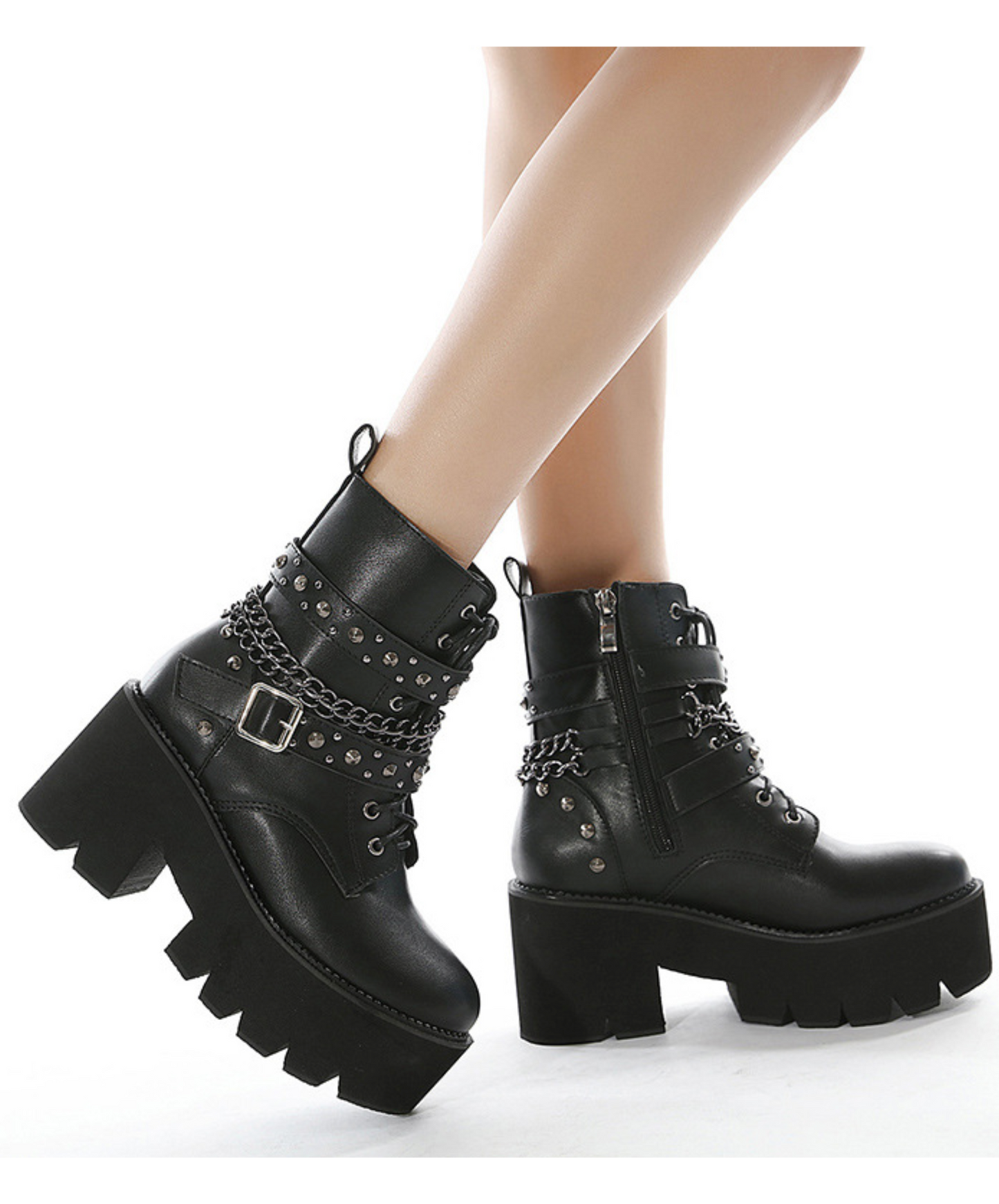 rivet belt x thin chain zip up boots EN2004