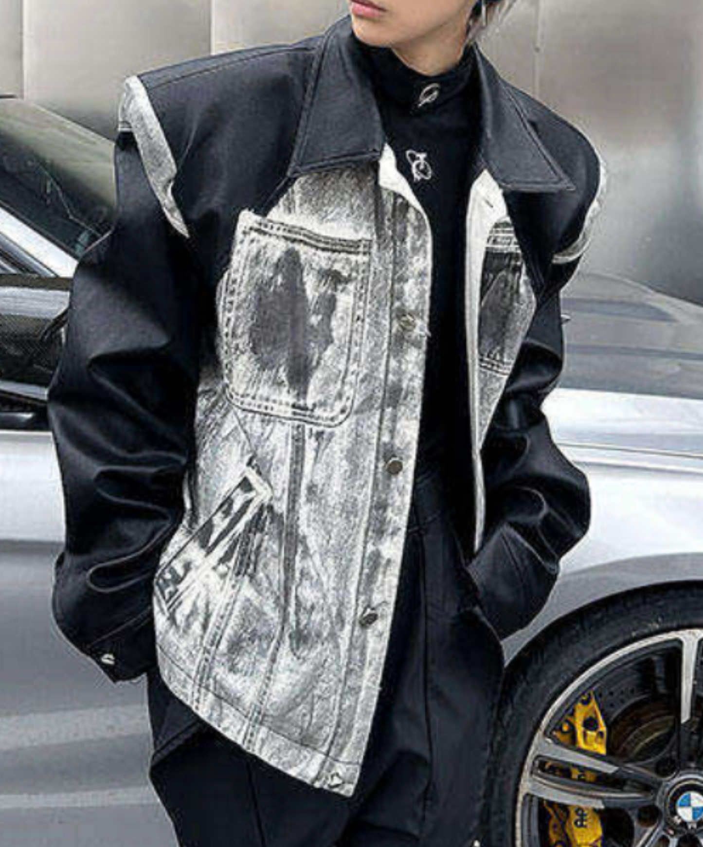 denim print x pu leather patchwork jacket EN2657