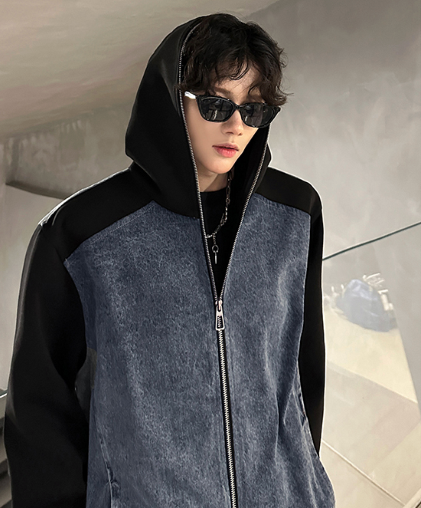 retro denim patchwork hoodie EN2476