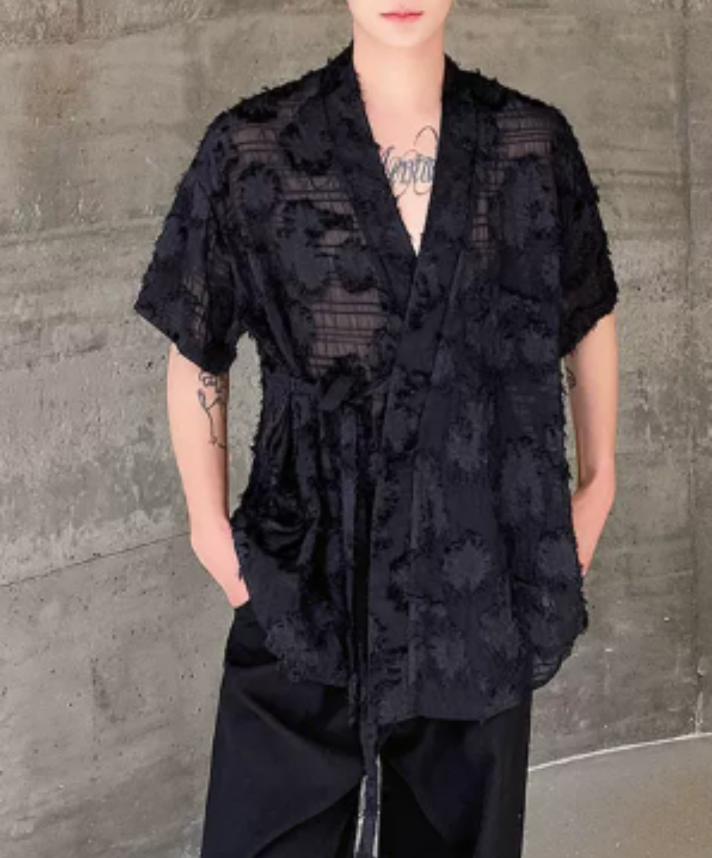 jacquard v-neck sheer shirt EN3020