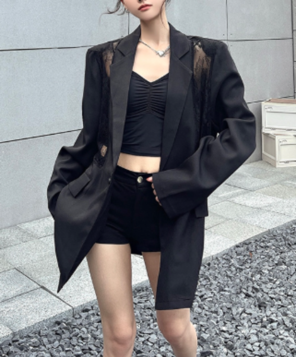 sheer lace panel design jacket EN3184