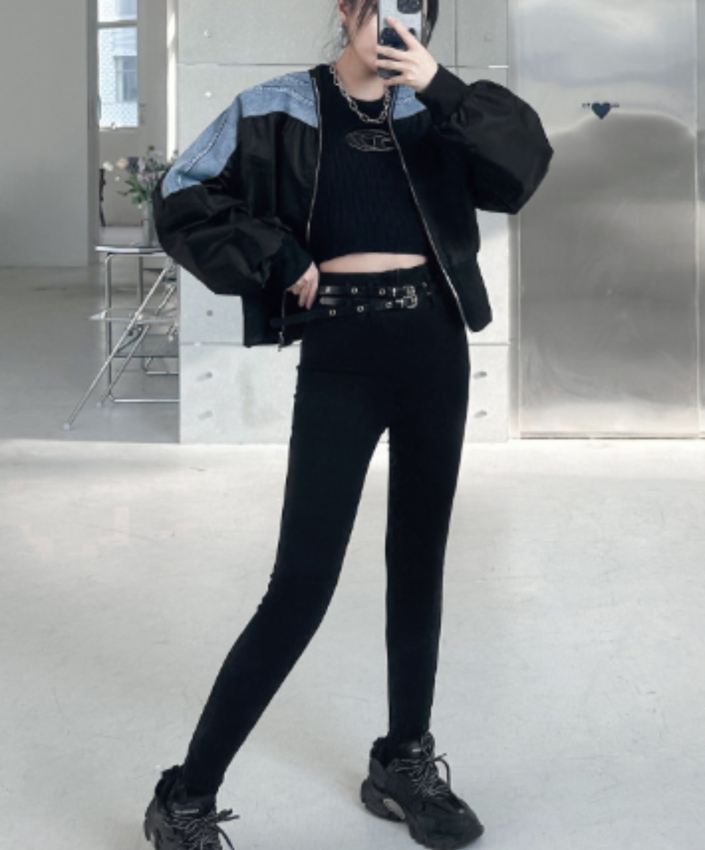 cropped denim patchwork style zipper jacket EN3112