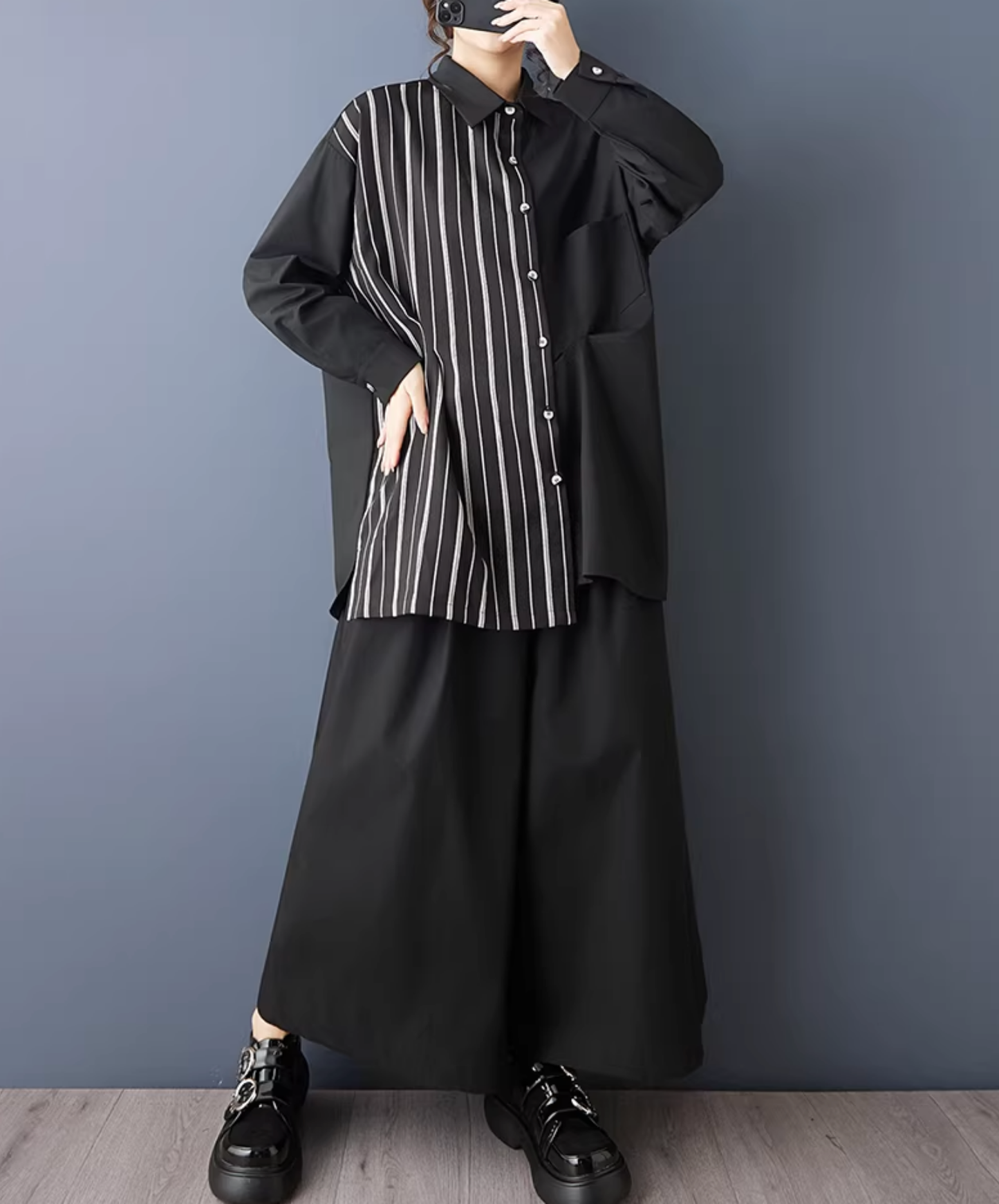 dark striped patchwork mid-length shirt EN2797