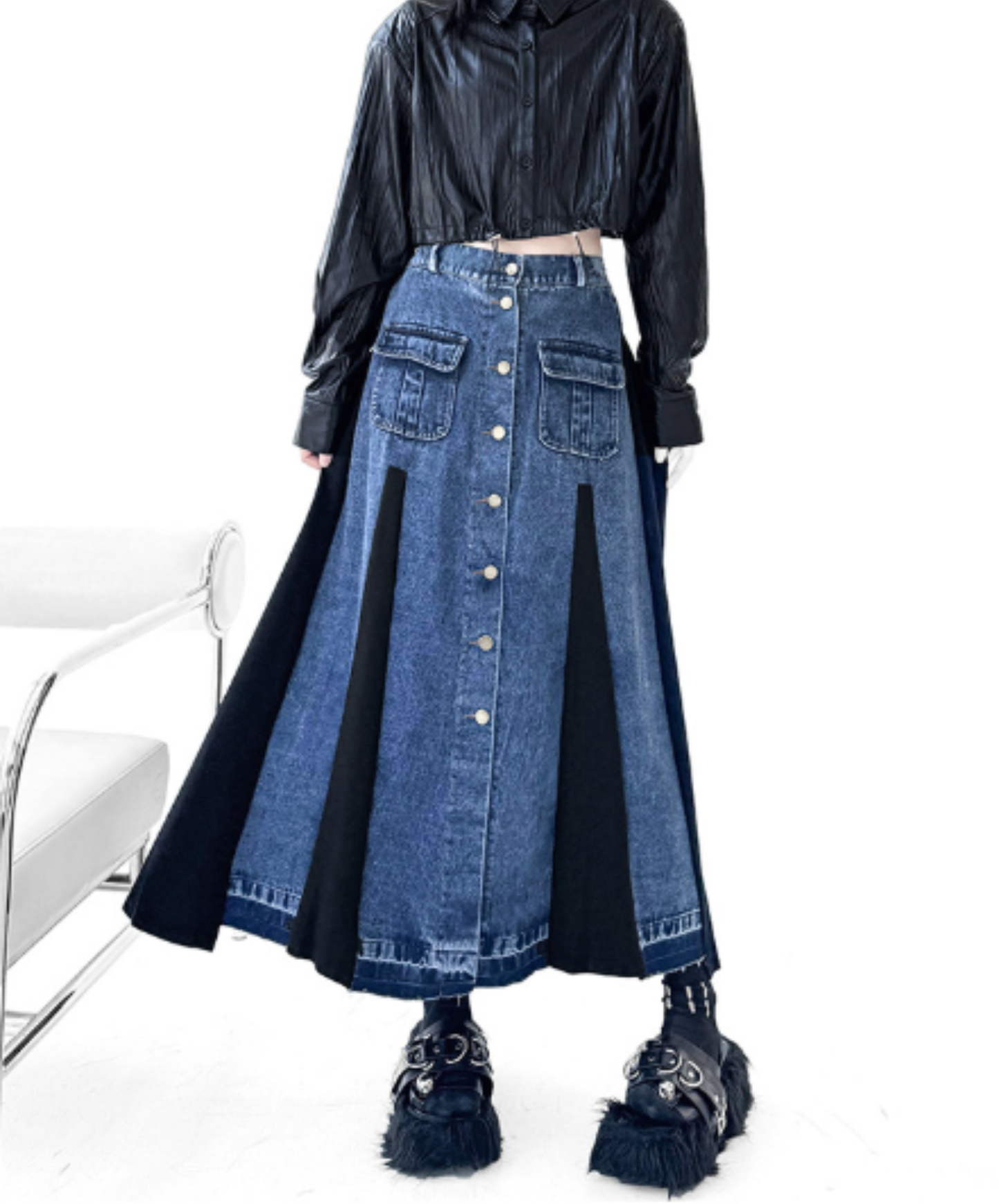 a-line denim patchwork piece skirt EN3113