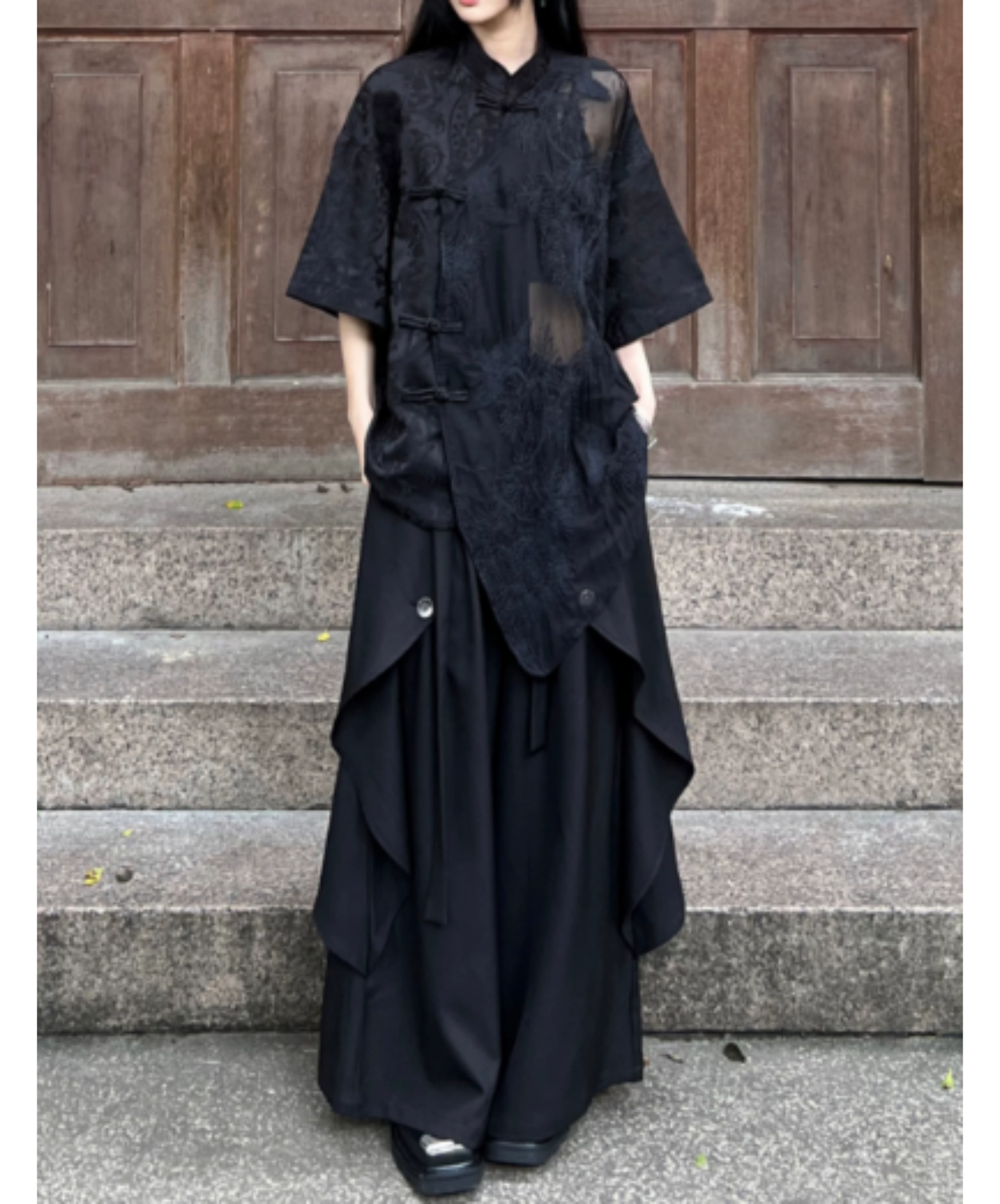chinese-style embroidered jacquard sheer shirt EN3024