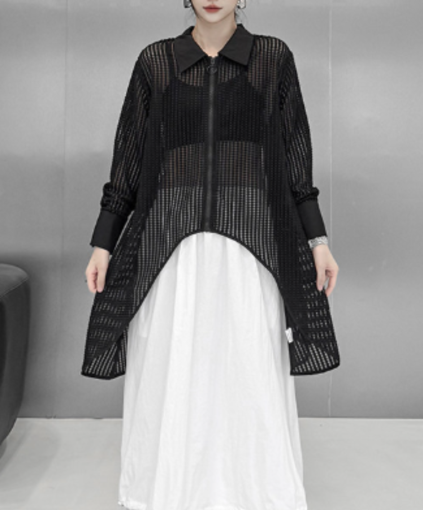 dark Irregular design ring fastener sheer shirt EN2967