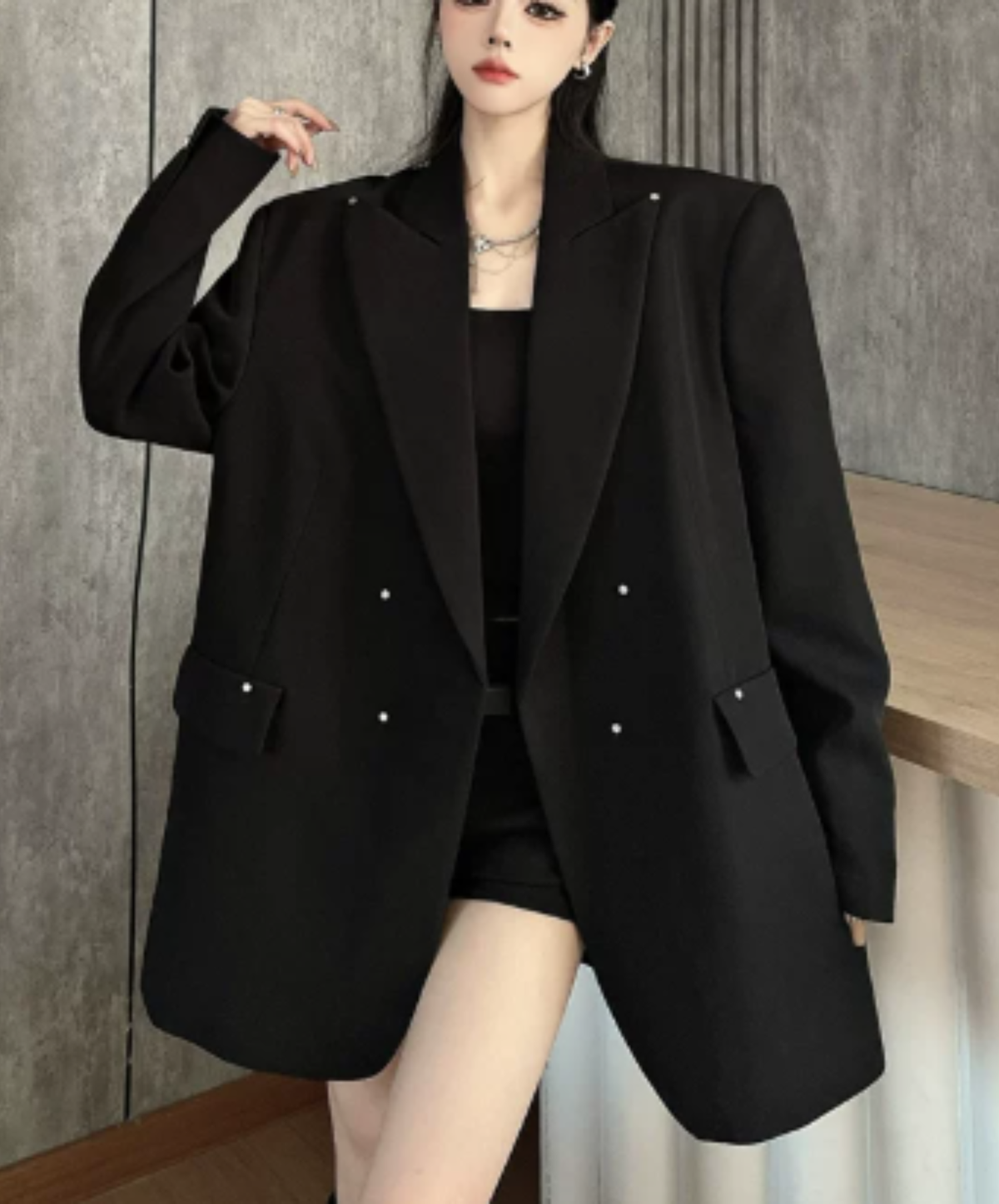 dark shaggy lapel mixed-material paneling jacket EN3190
