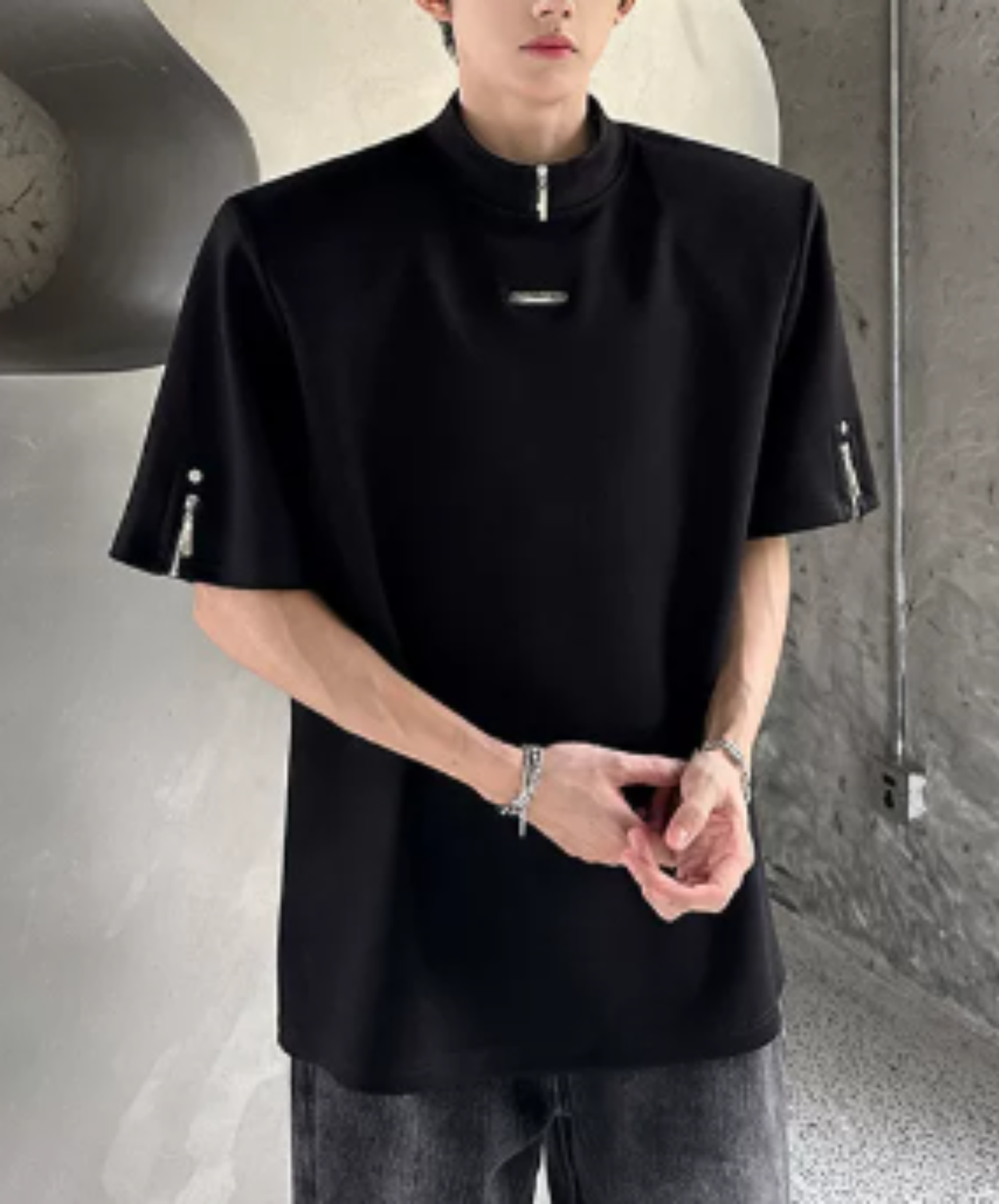 high neck, loose zipper detail t-shirt EN2931