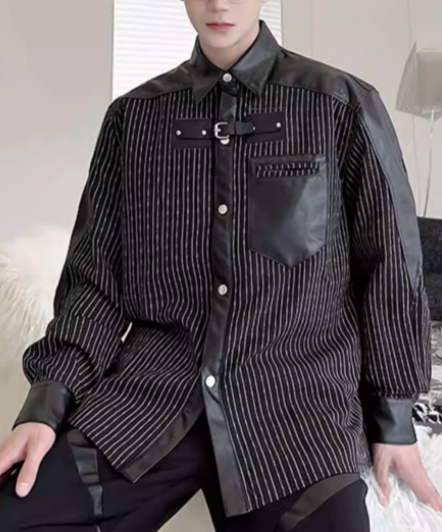 thin striped leather patchwork shirt EN2817