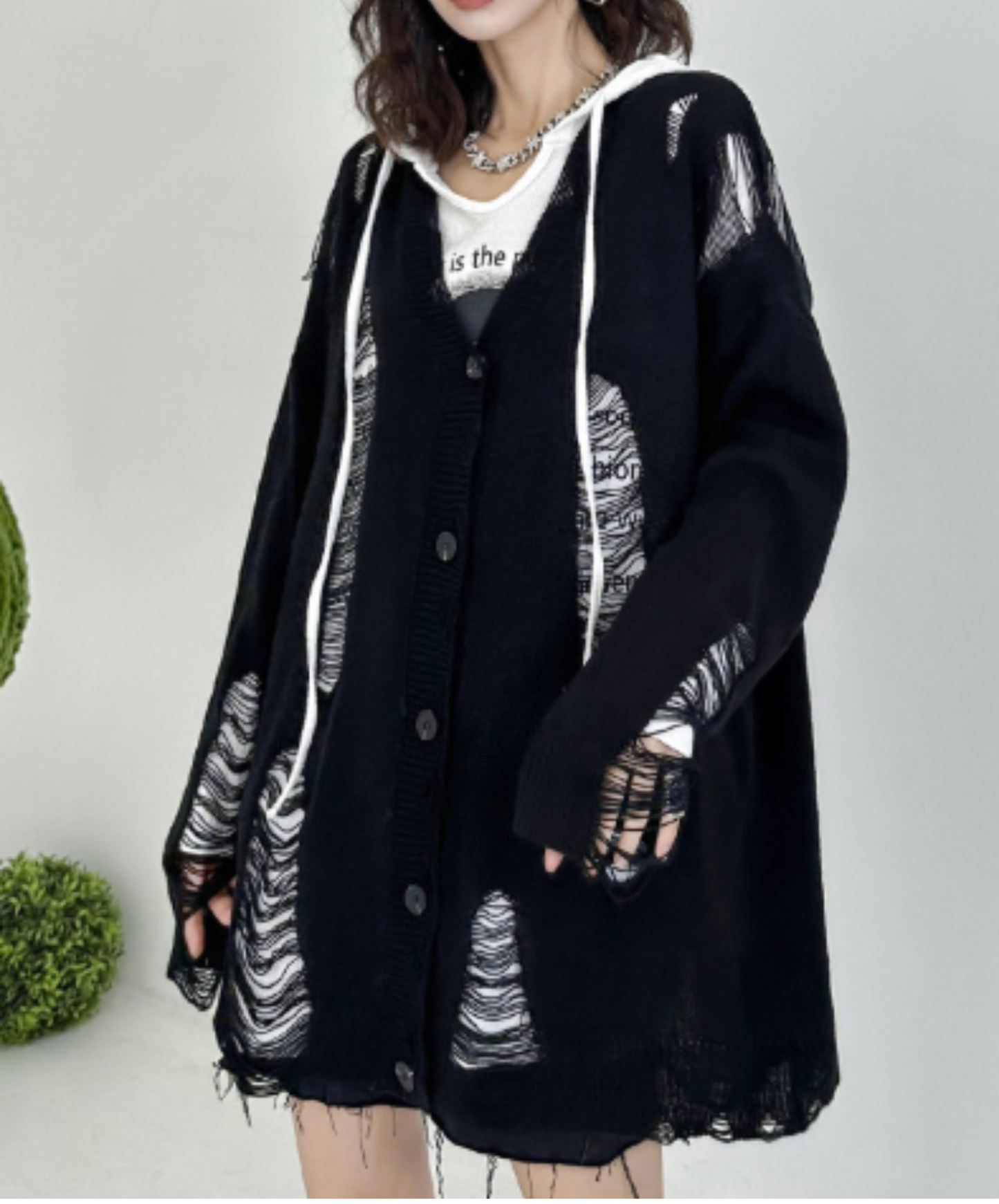 dolman-sleeve top with heavy distressing cardigan EN3123