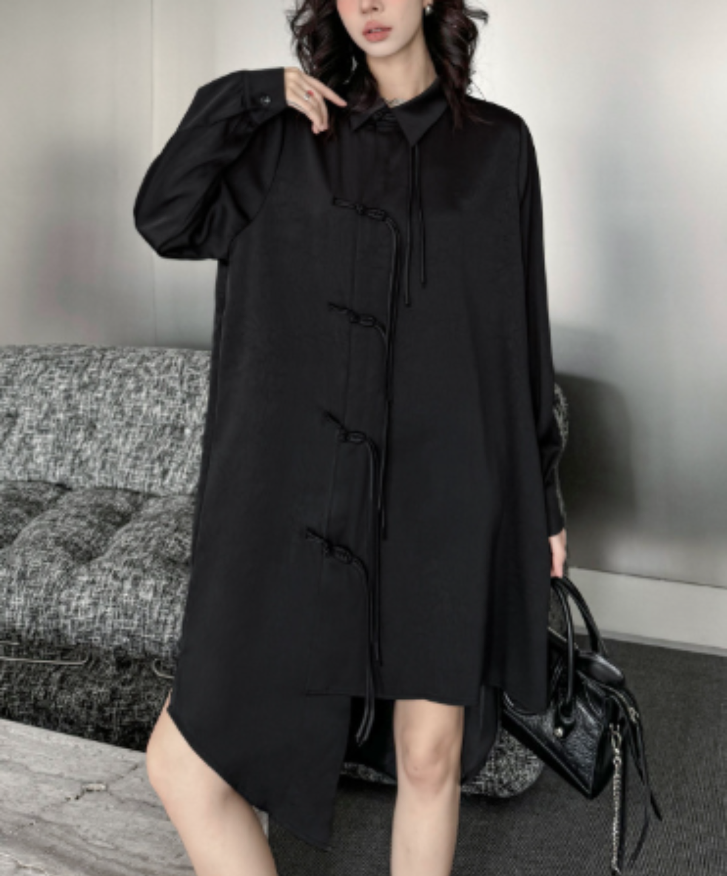 dark chinese-style irregular-cut button long shirt EN3109