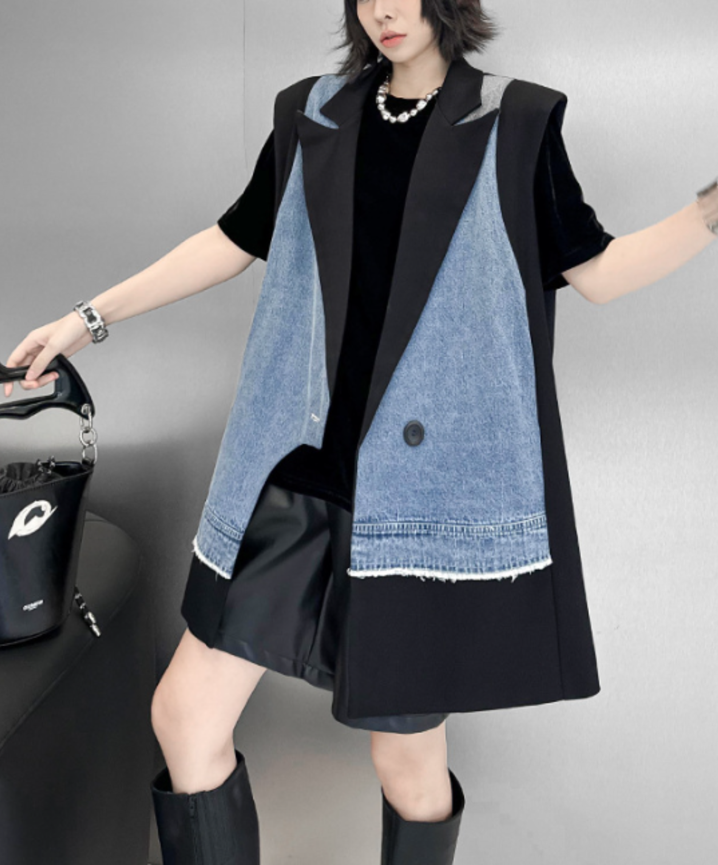 denim patchwork asymmetric vest EN2893