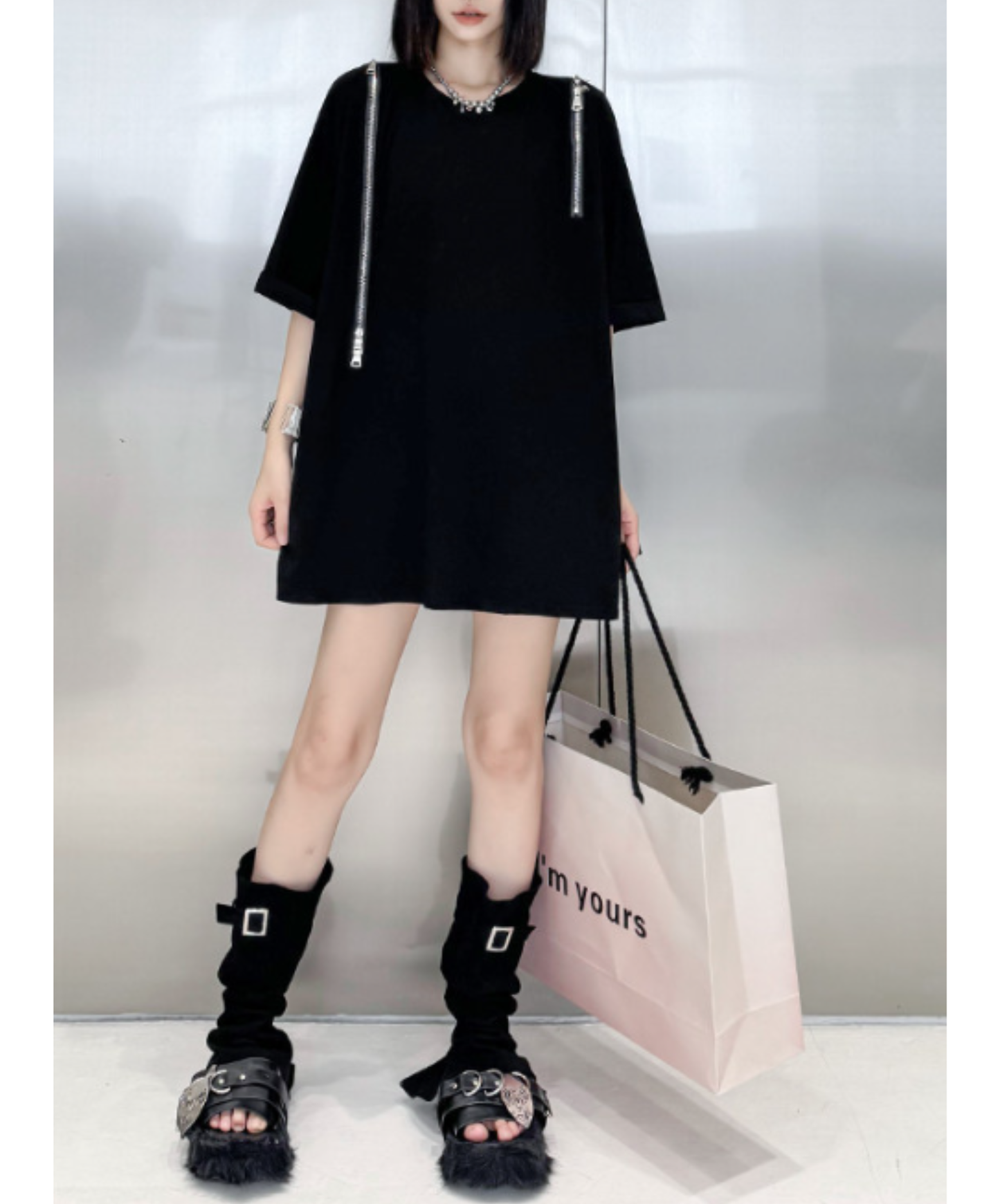 dark off-shoulder zipper t-shirt EN2908