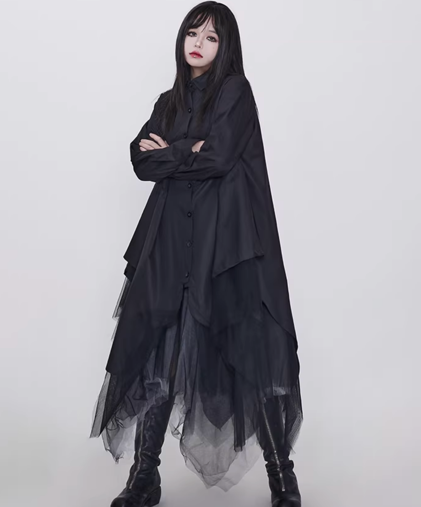 dark faux leather irregular patchwork long shirt EN2831