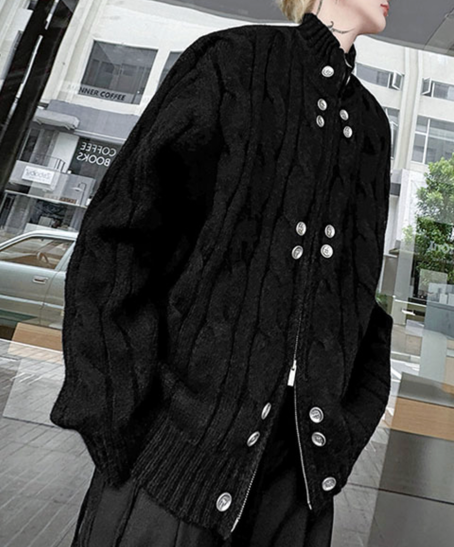 button design stand collar loose sweater EN2475