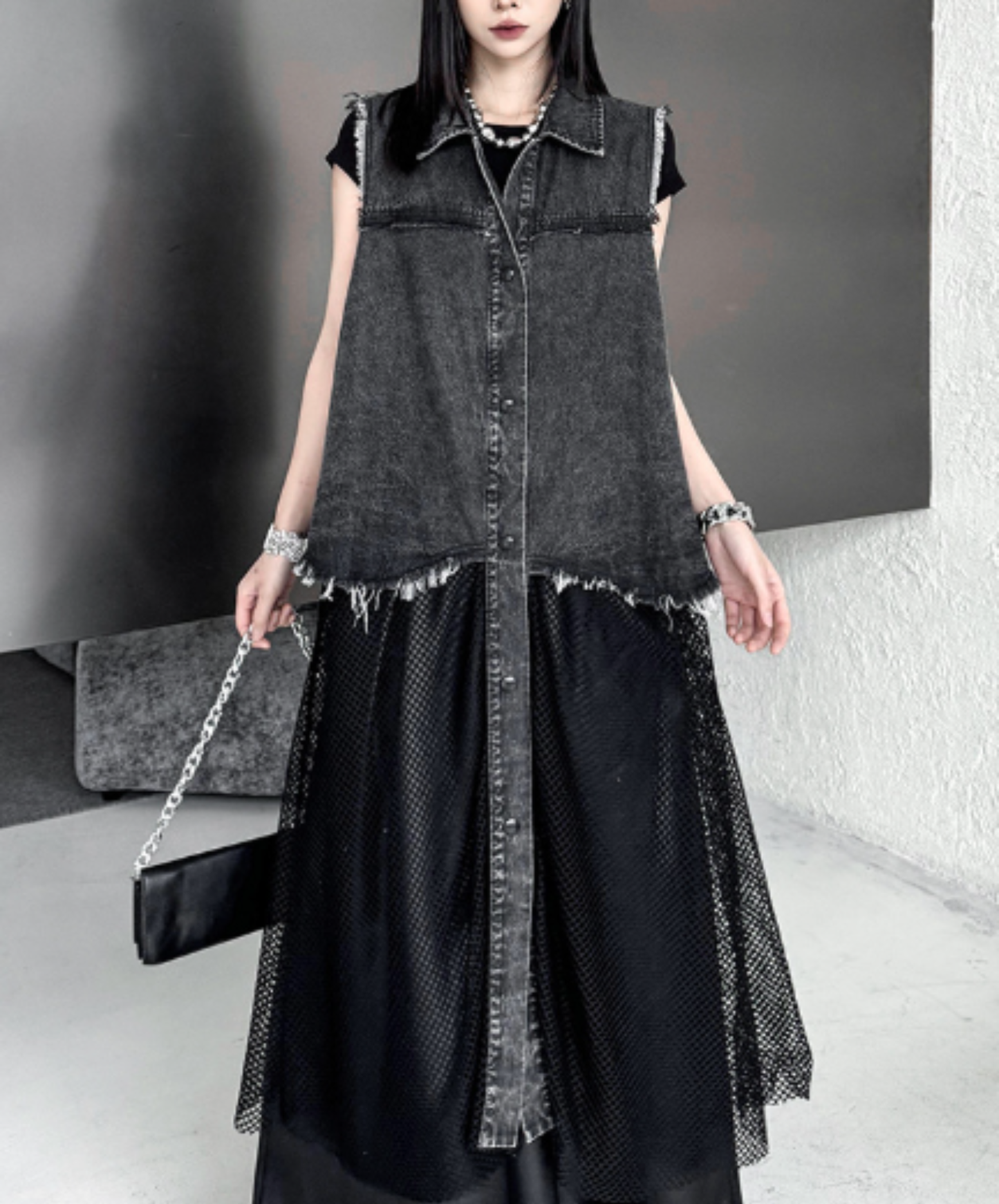 denim patchwork mesh long shirt EN3047