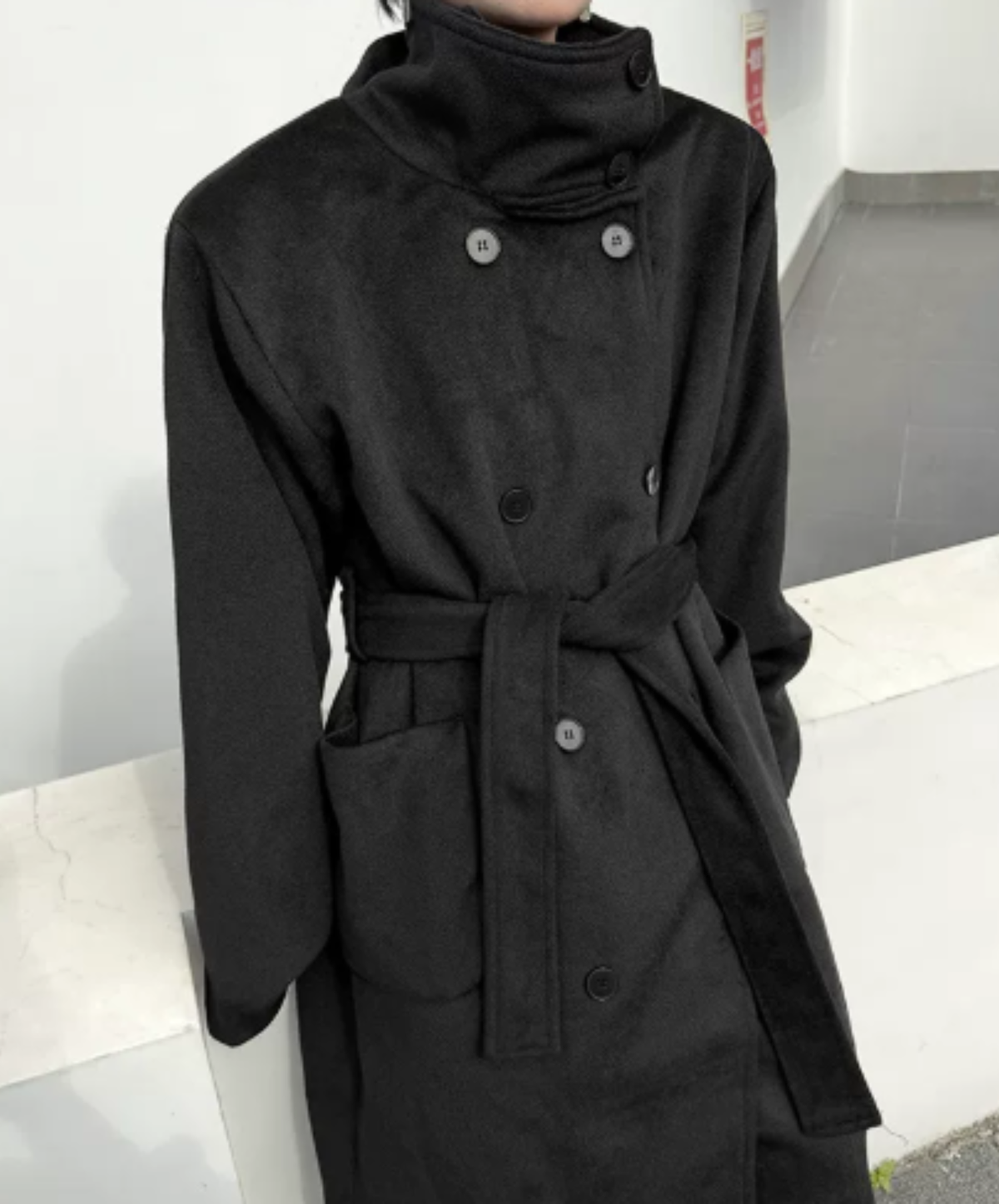high-neck double-breasted long coat EN3230