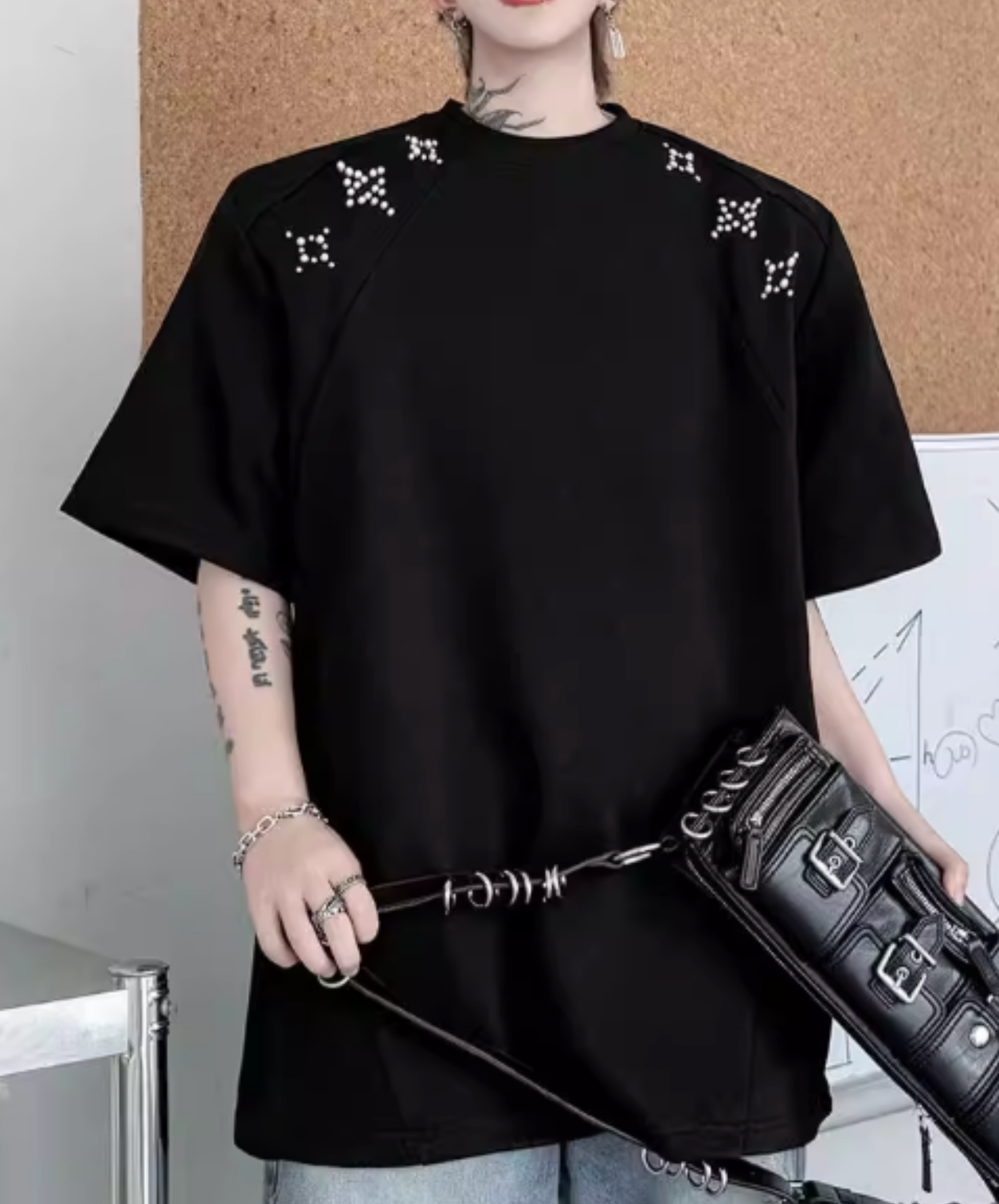 sparkling star motif bead decoration t-shirt EN2827