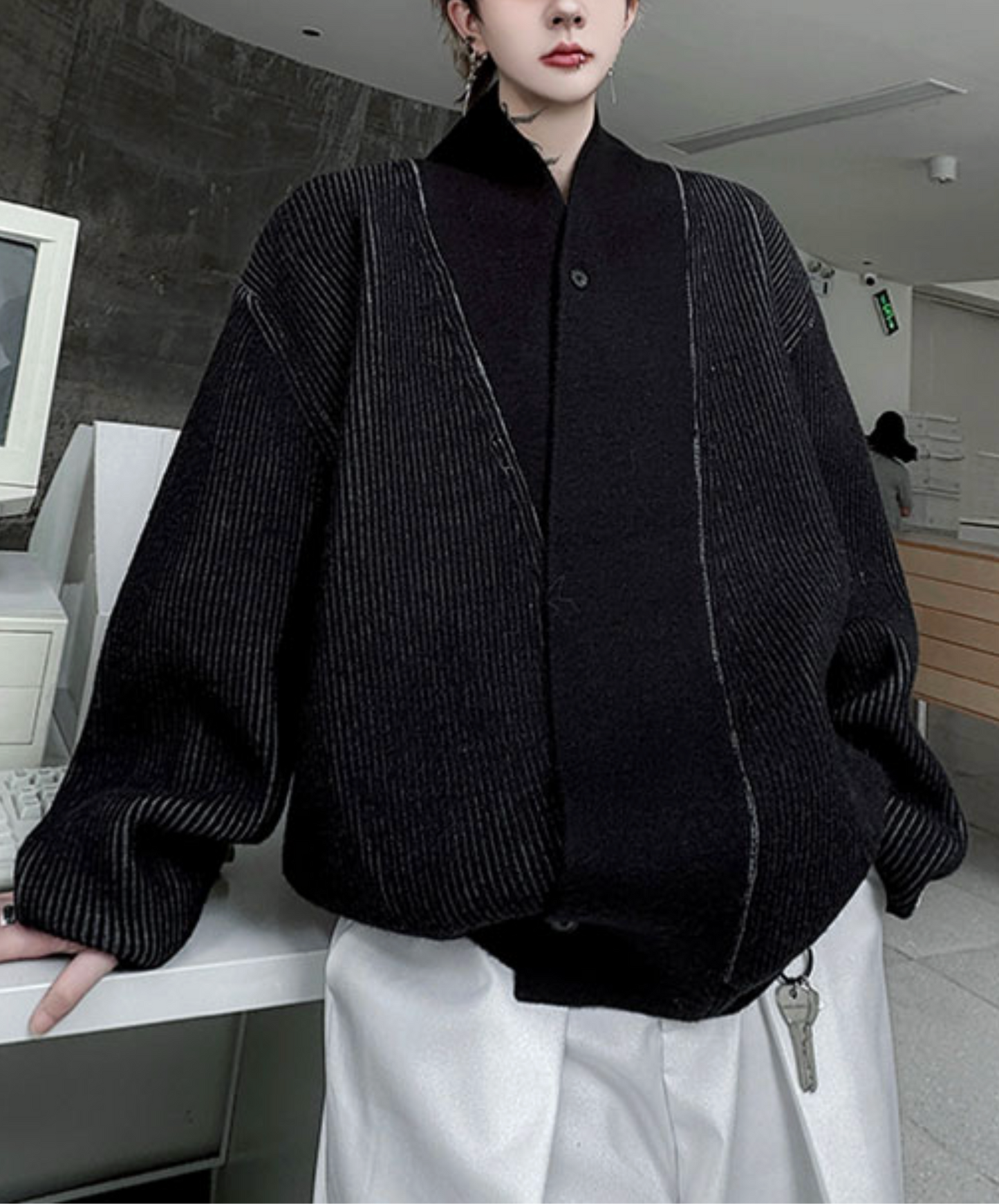 plain x striped knit cardigan EN2531