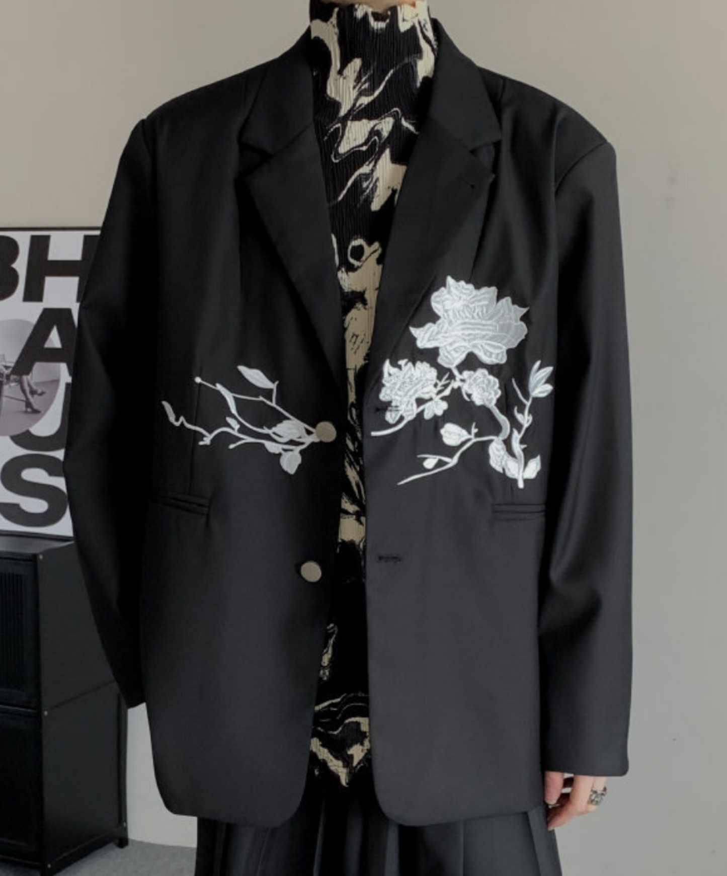 dark chinese style rose embroidery tailored jacket EN1535