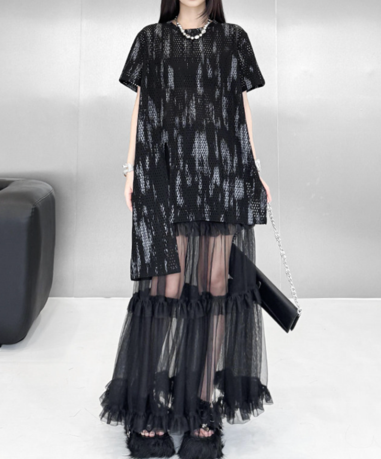 printed mesh asymmetrical t-shirt EN2840
