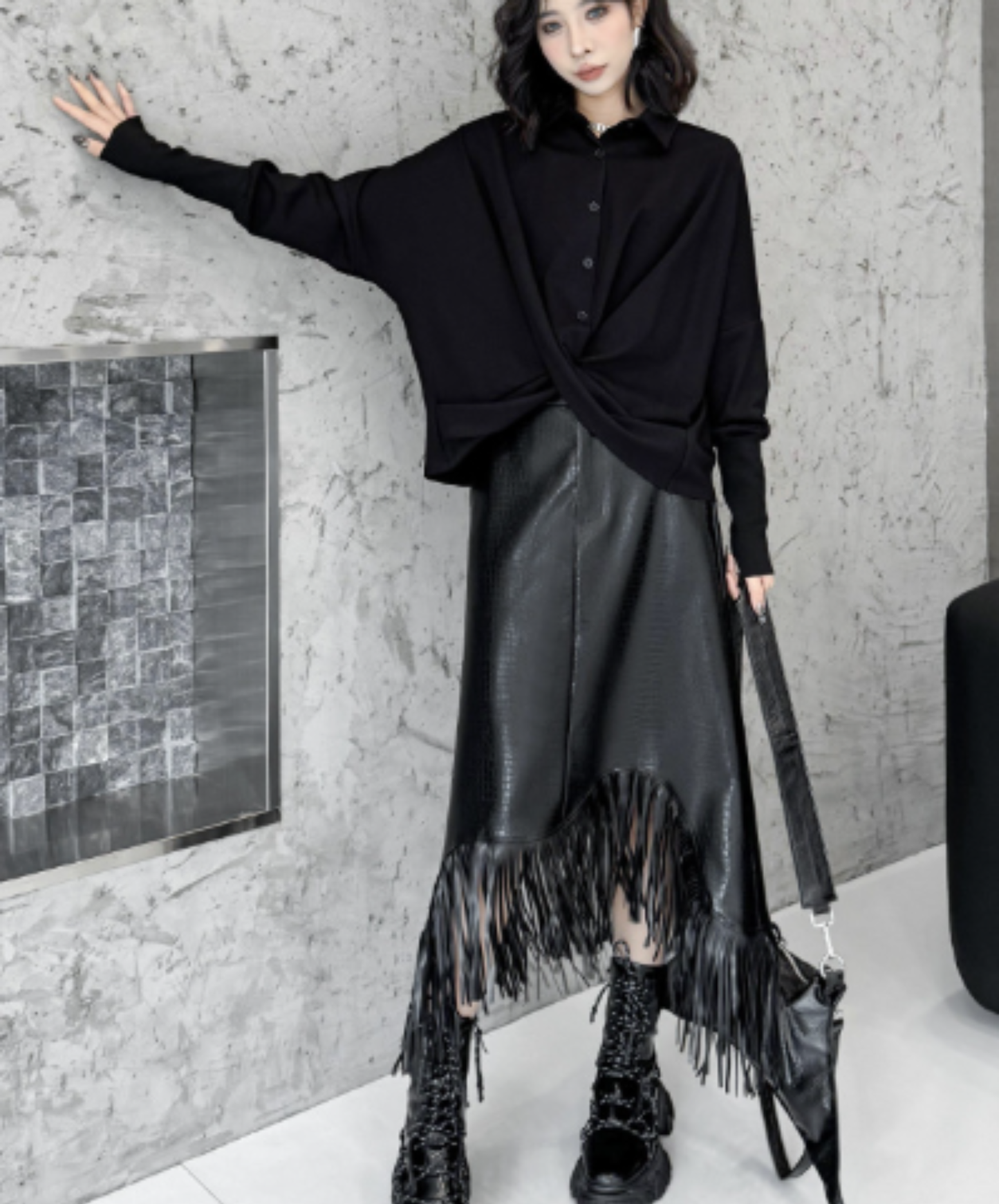 dark crossover-design dolman sleeves shirt EN3131