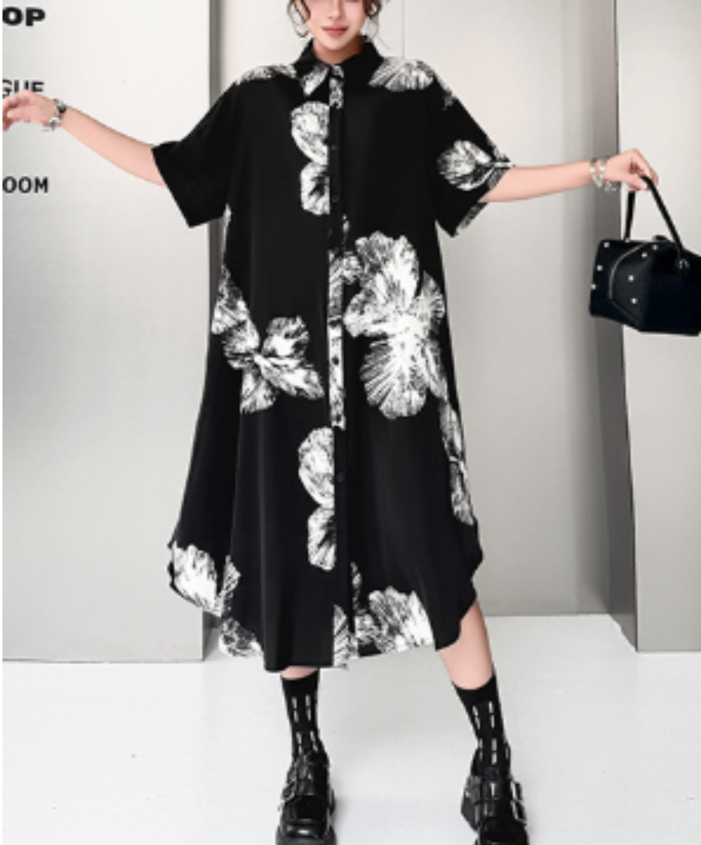 dark retro print relaxed fit long shirt EN2986