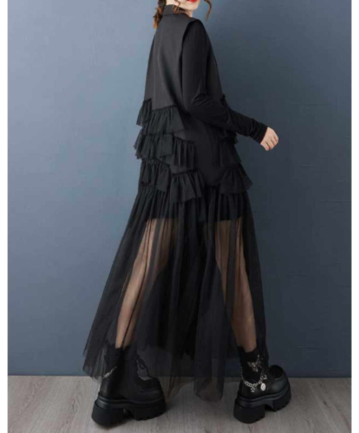 dark long mesh patchwork piece vest  EN3039