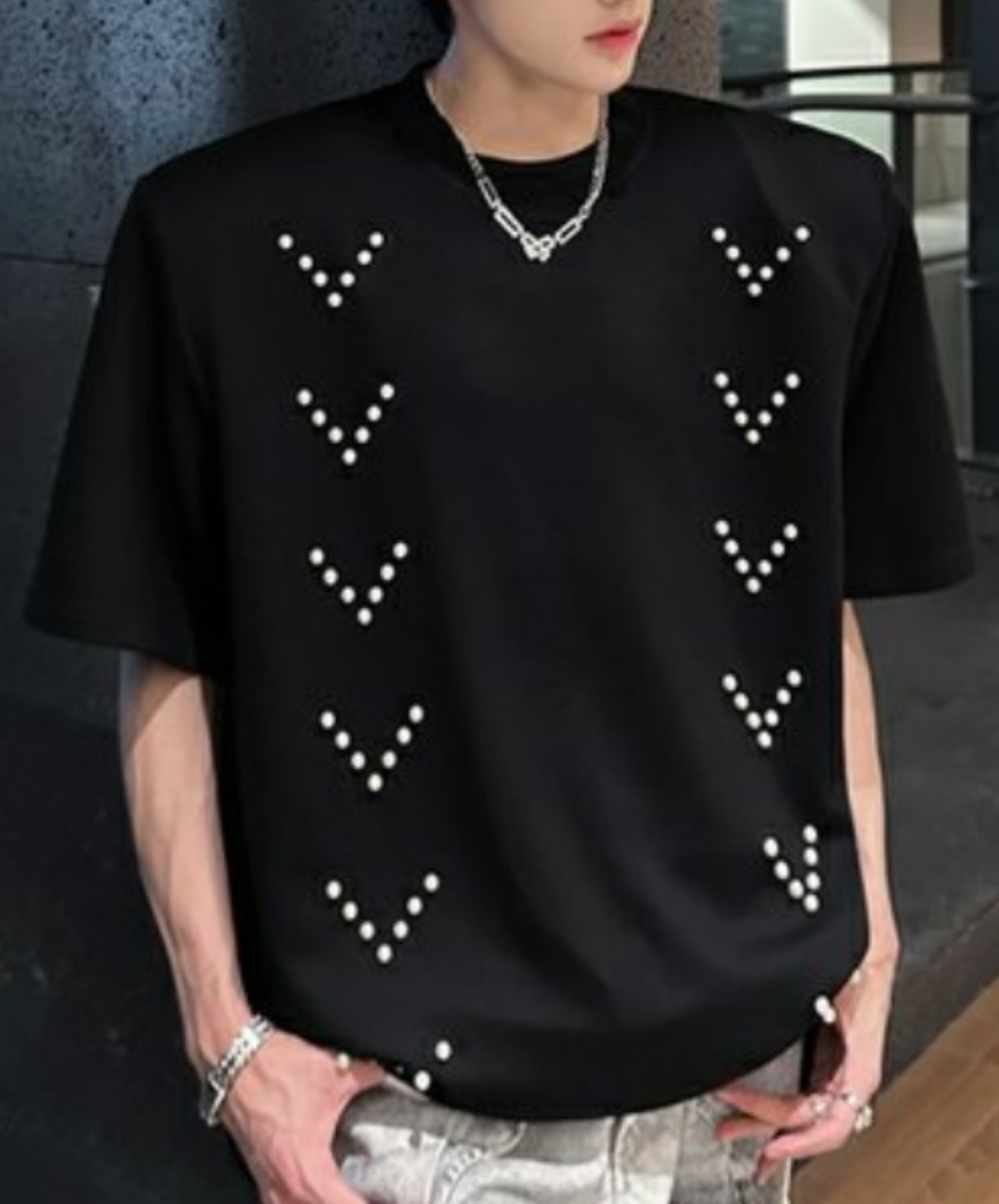 v pearl decoration t-shirt EN2090