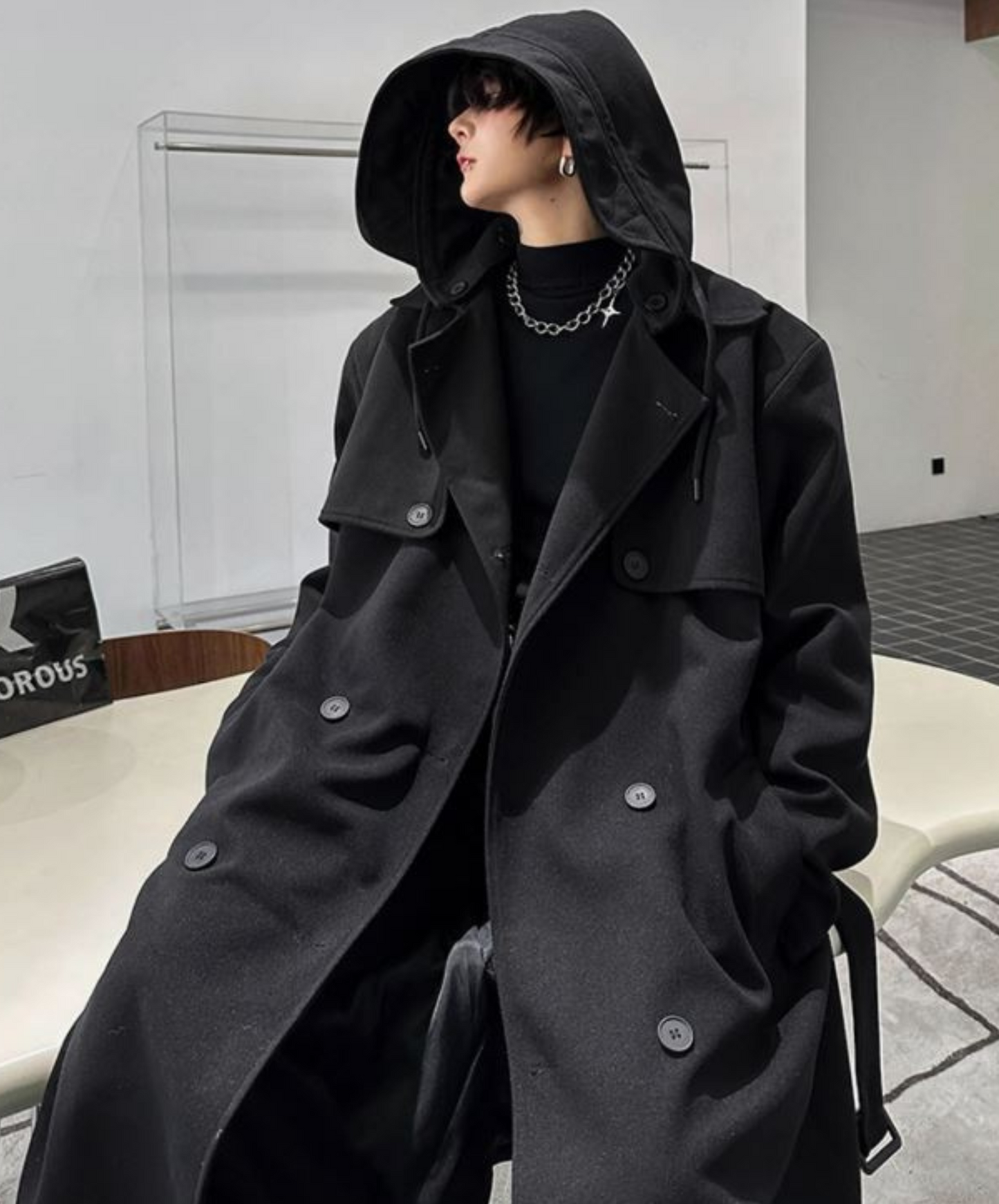double-breasted hood wool coat EN1373