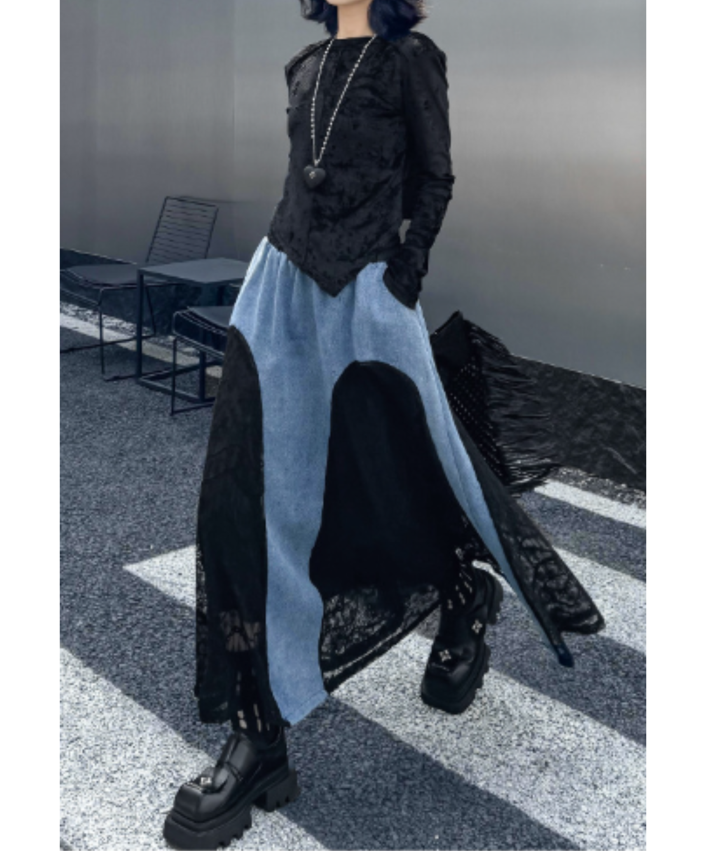 denim x lace patchwork skirt EN2894