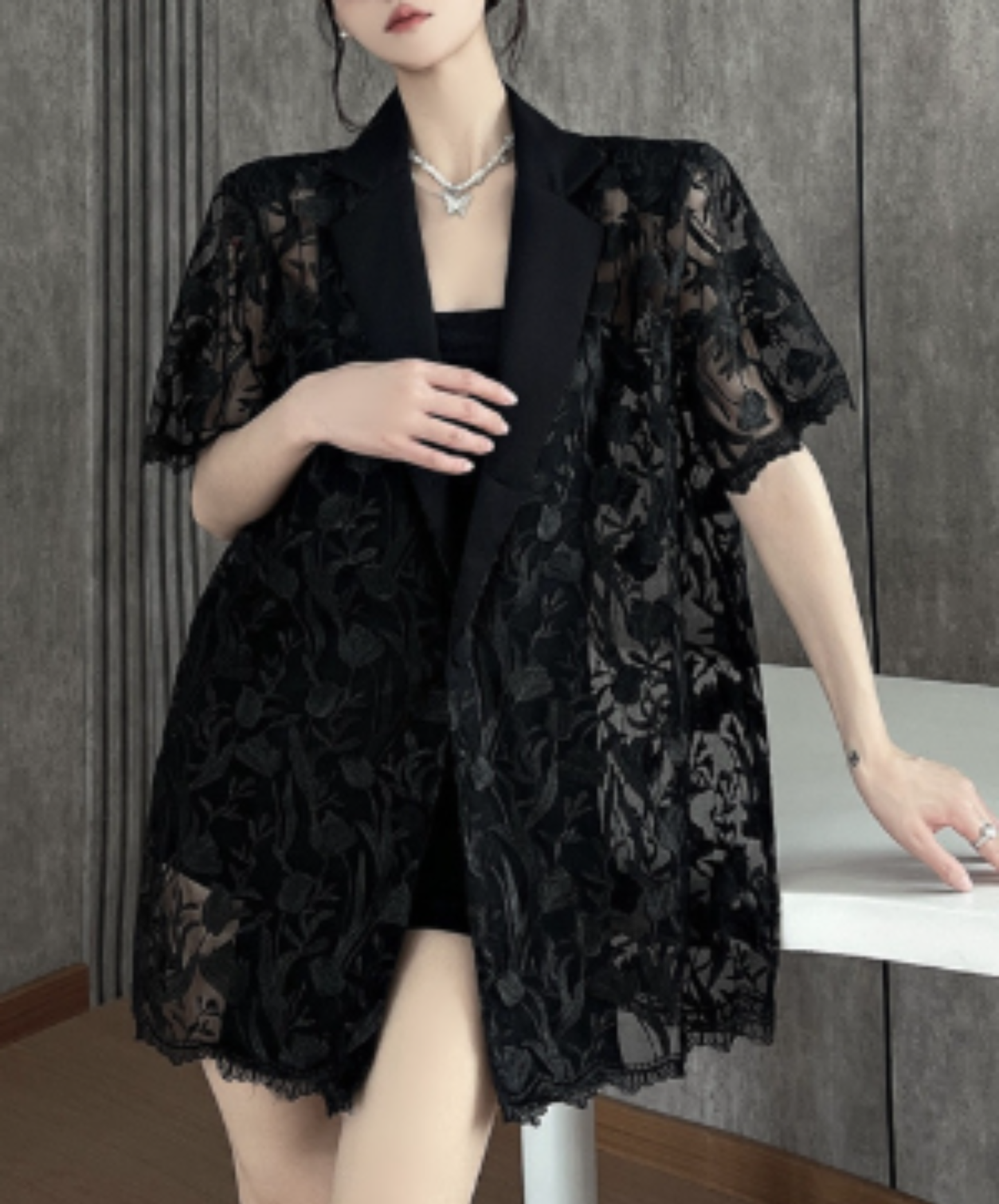 embroidered mesh patchwork jacket EN2966