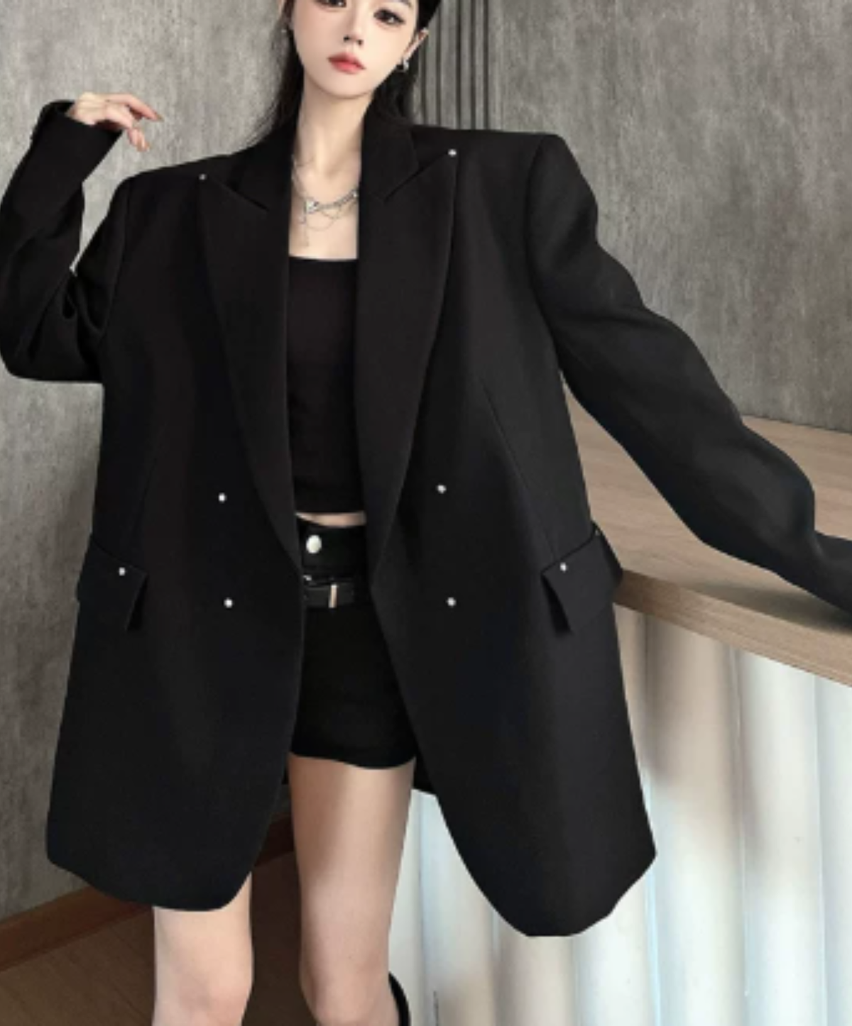 dark shaggy lapel mixed-material paneling jacket EN3190