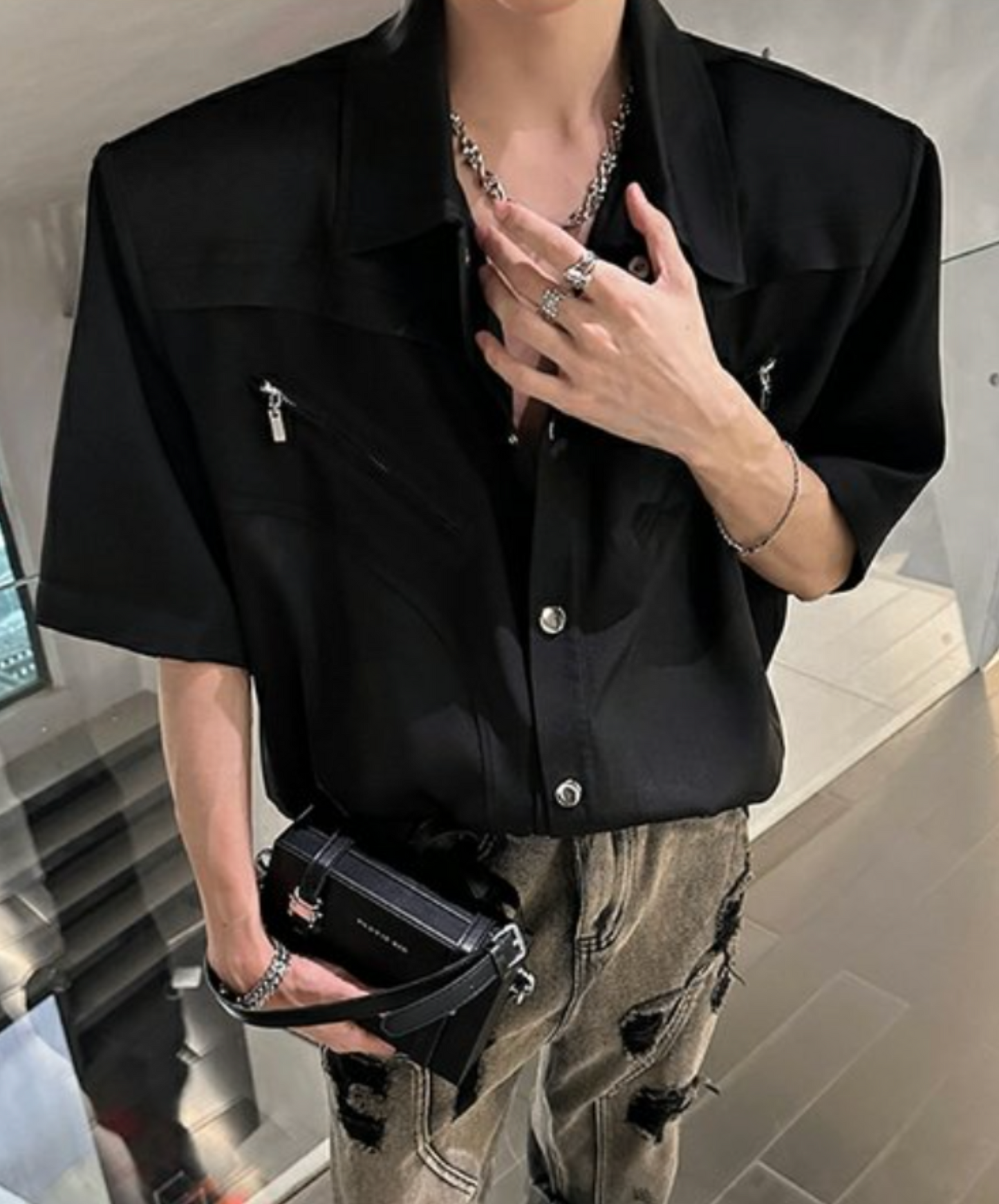 rich metal button zip pocket shirt EN2096