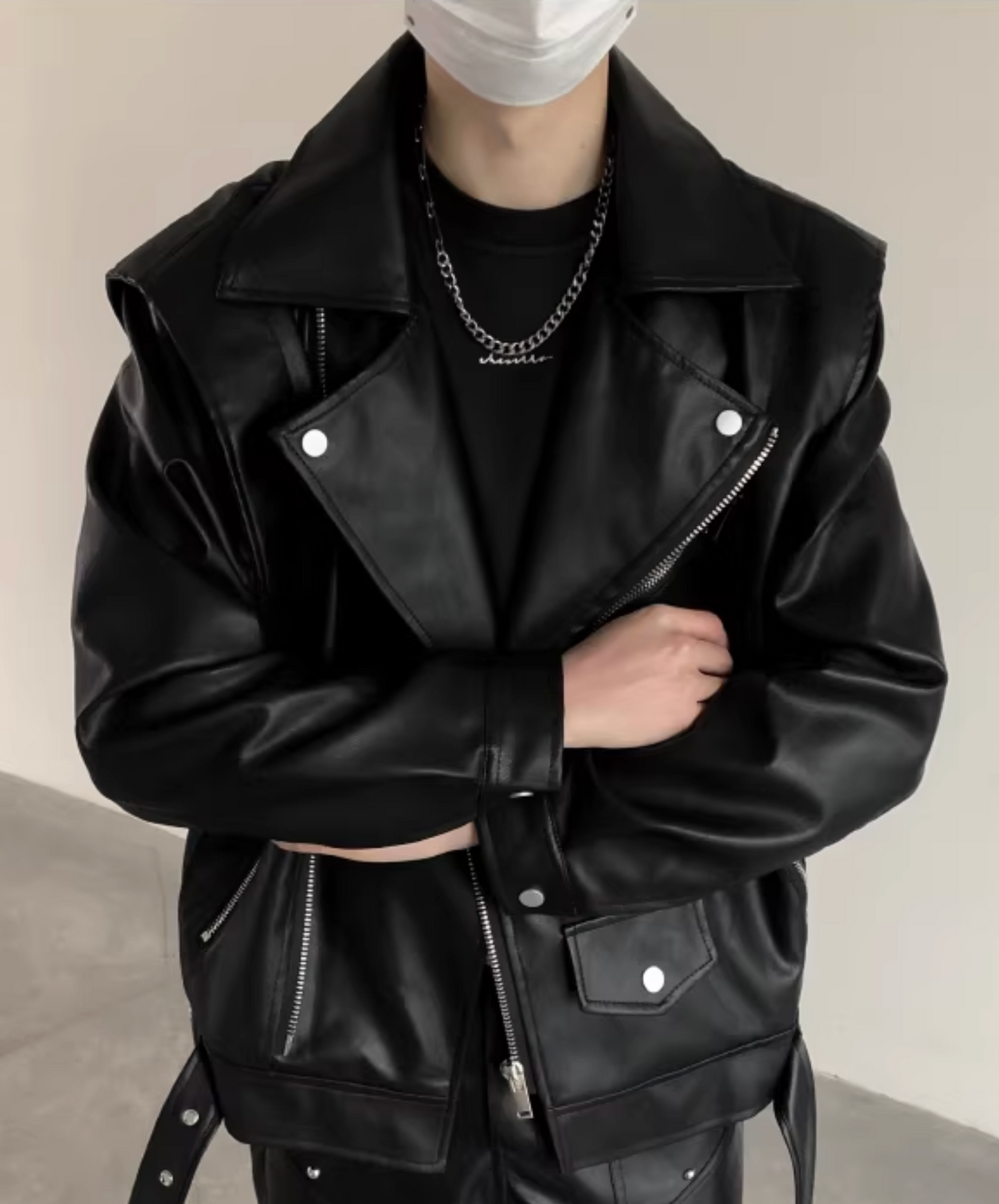 loose lapel pu leather jacket EN2621