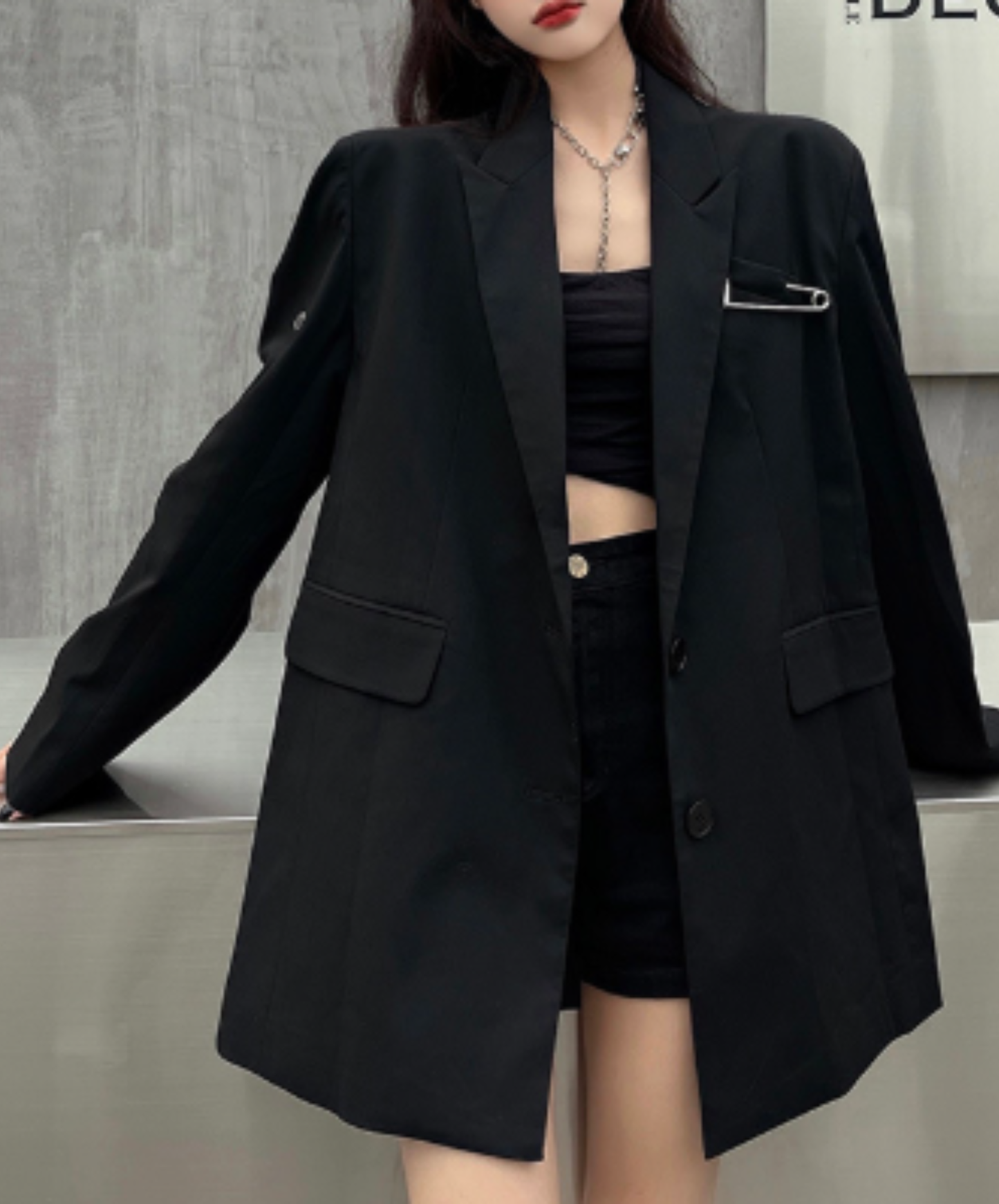 oversized safety pin and eyelet accents jacket EN3164