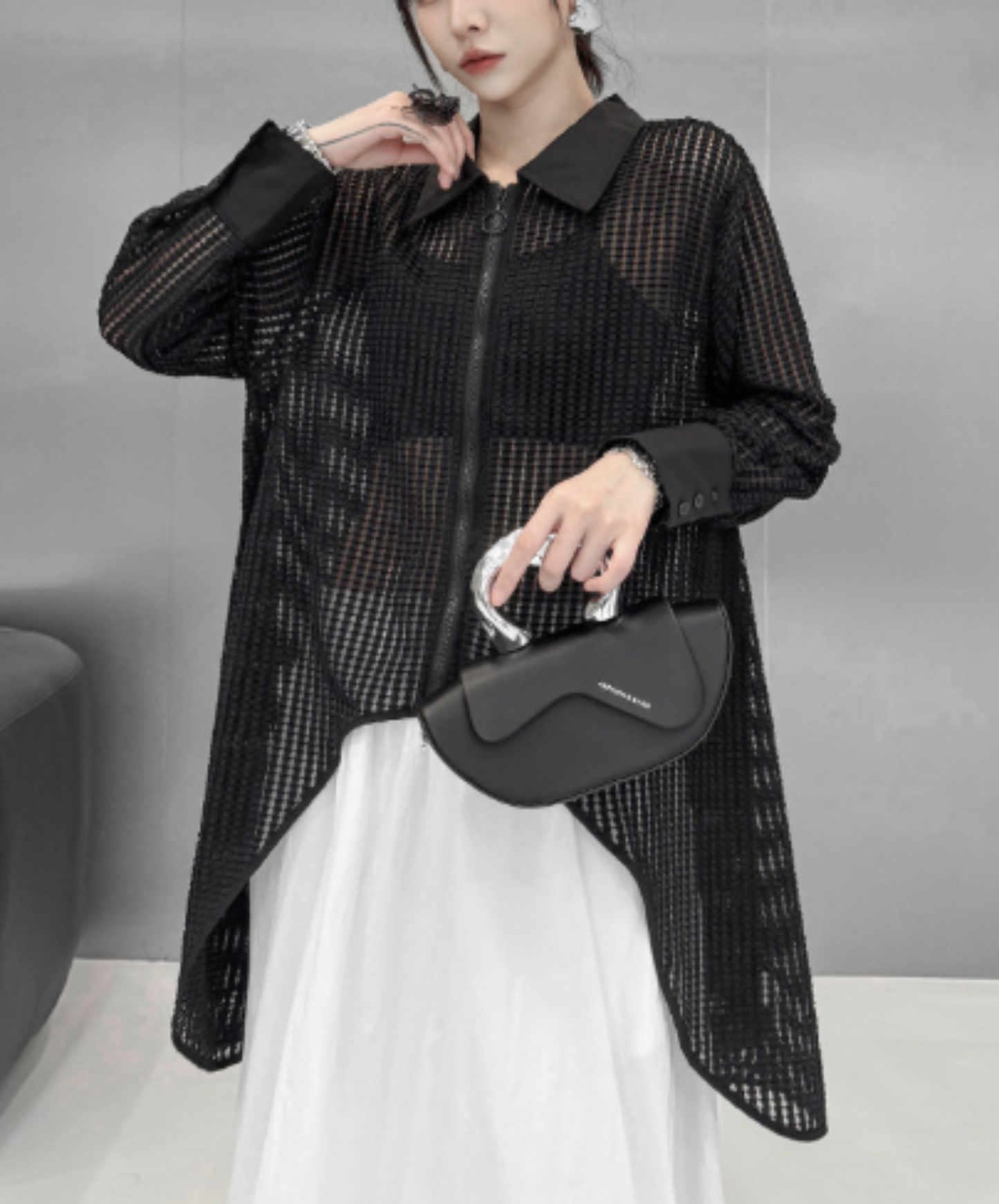dark Irregular design ring fastener sheer shirt EN2967