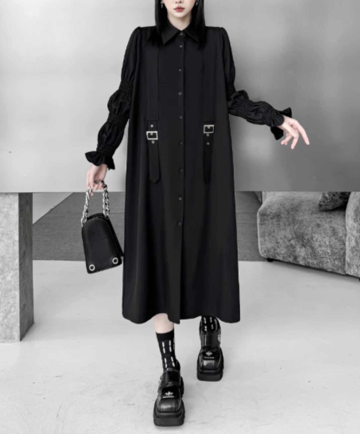 dark double-belt detail long shirt EN3015