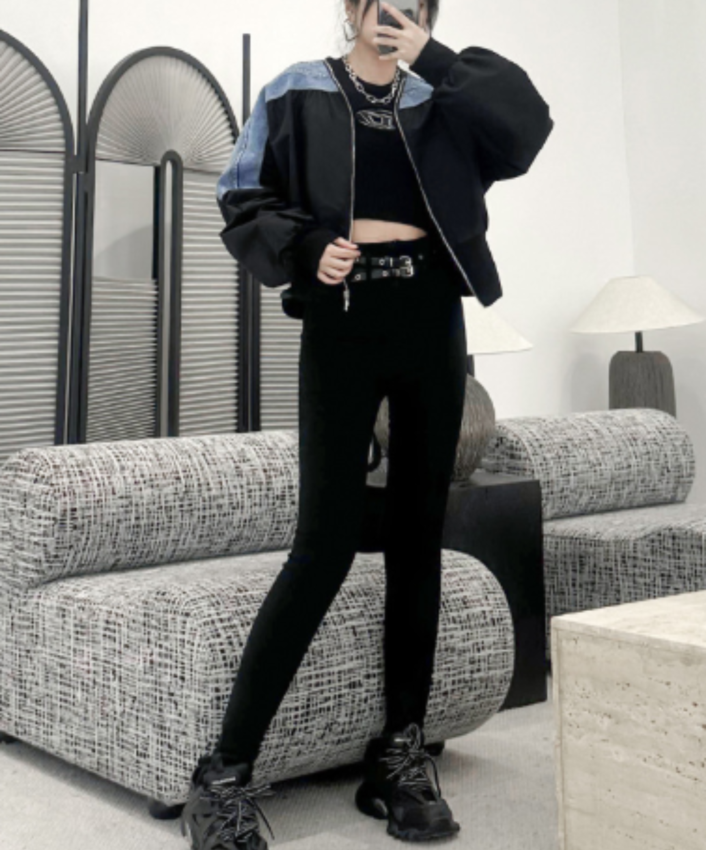cropped denim patchwork style zipper jacket EN3112
